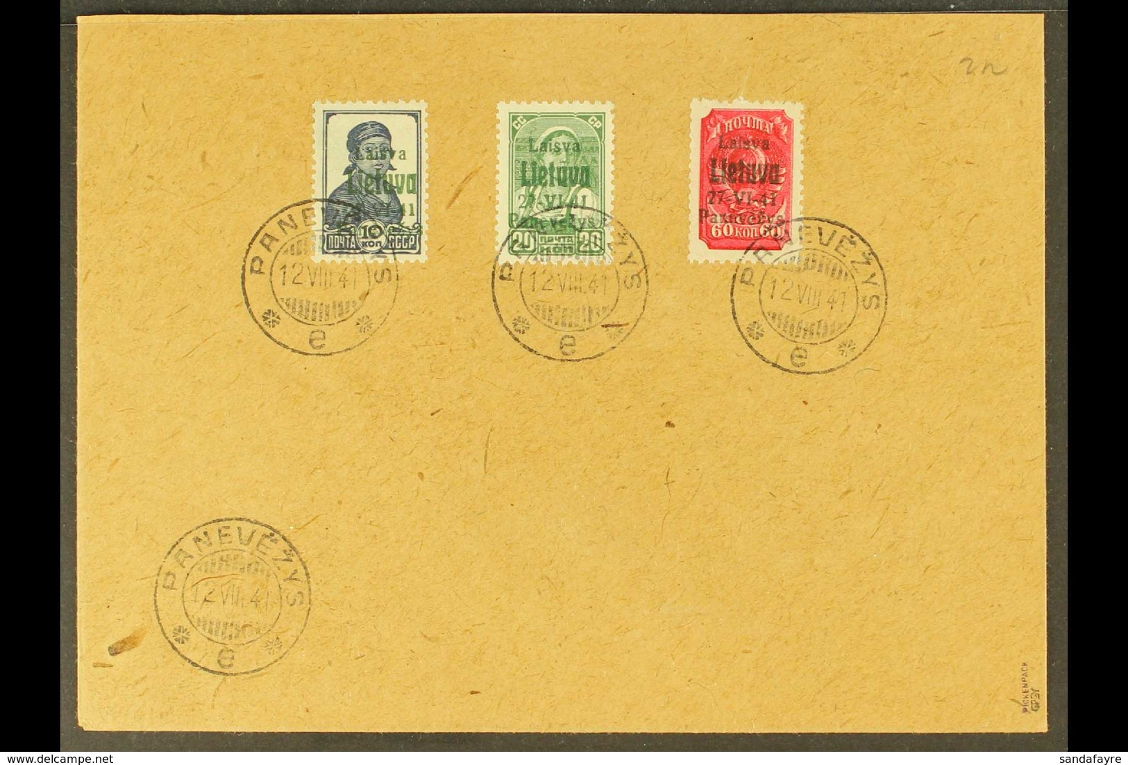 PANEVEZYS (PONEWESCH) 1941 July 10k Prussian Blue, 20k Yellow- Green With Green Overprint & 60k Lilac- Red (Michel 5, 7a - Other & Unclassified