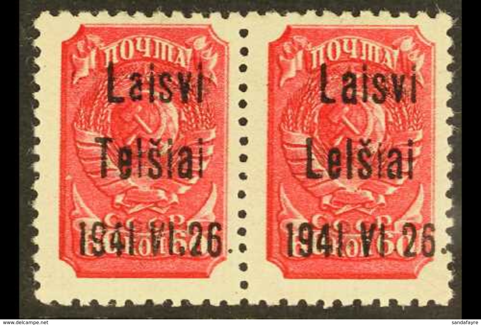 TELSIAI (TELSCHEN) 1941 60k Lilac- Red With Type III Overprint Horizontal Pair, One With "L" FOR "T" On 2nd Line Error,  - Sonstige & Ohne Zuordnung