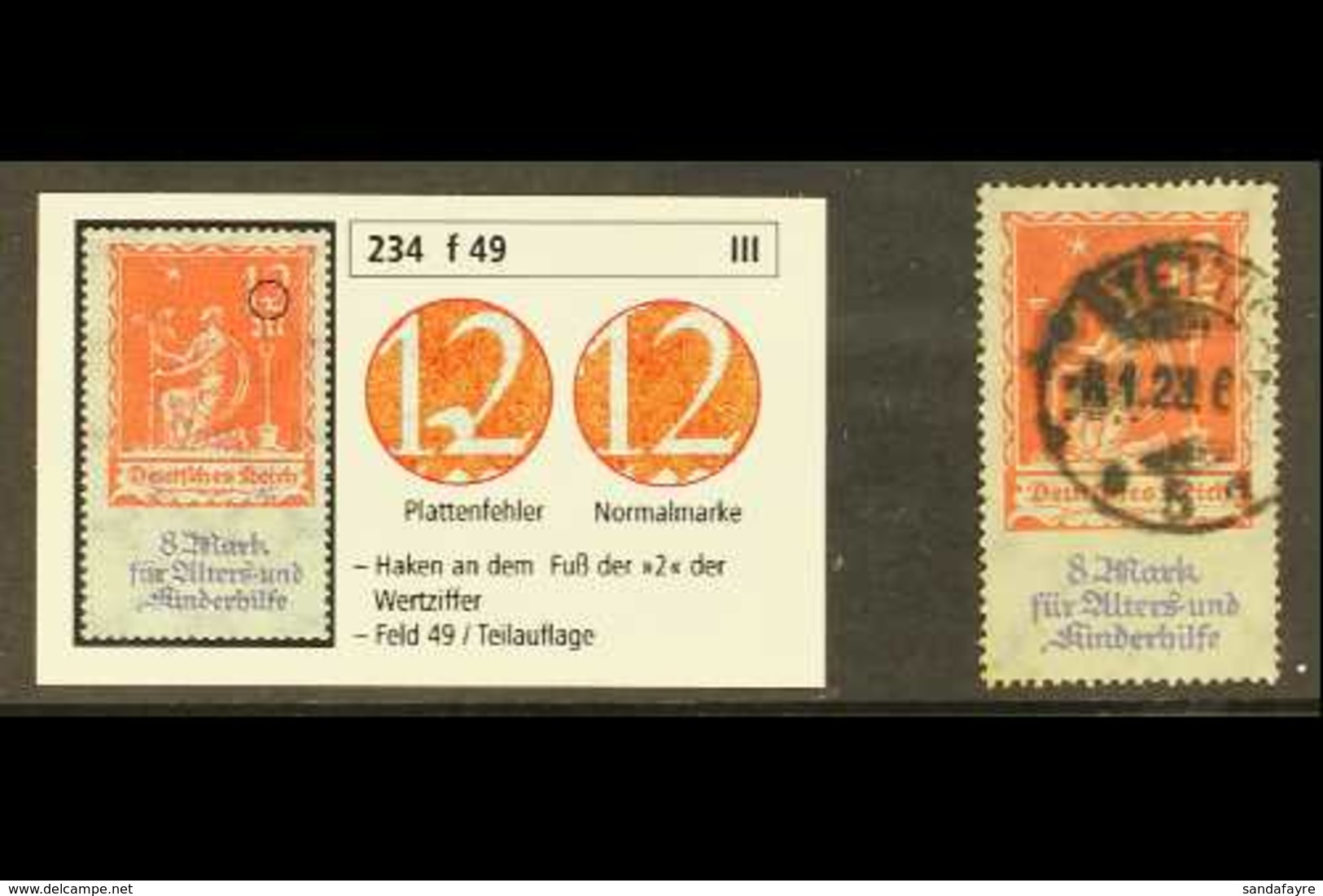 1922 - VARIETY. 12m+8m Red & Lilac "Fund For The Old & For The Children" (SG 248) With HOOK AT FOOT OF "2" Plate Flaw (p - Otros & Sin Clasificación