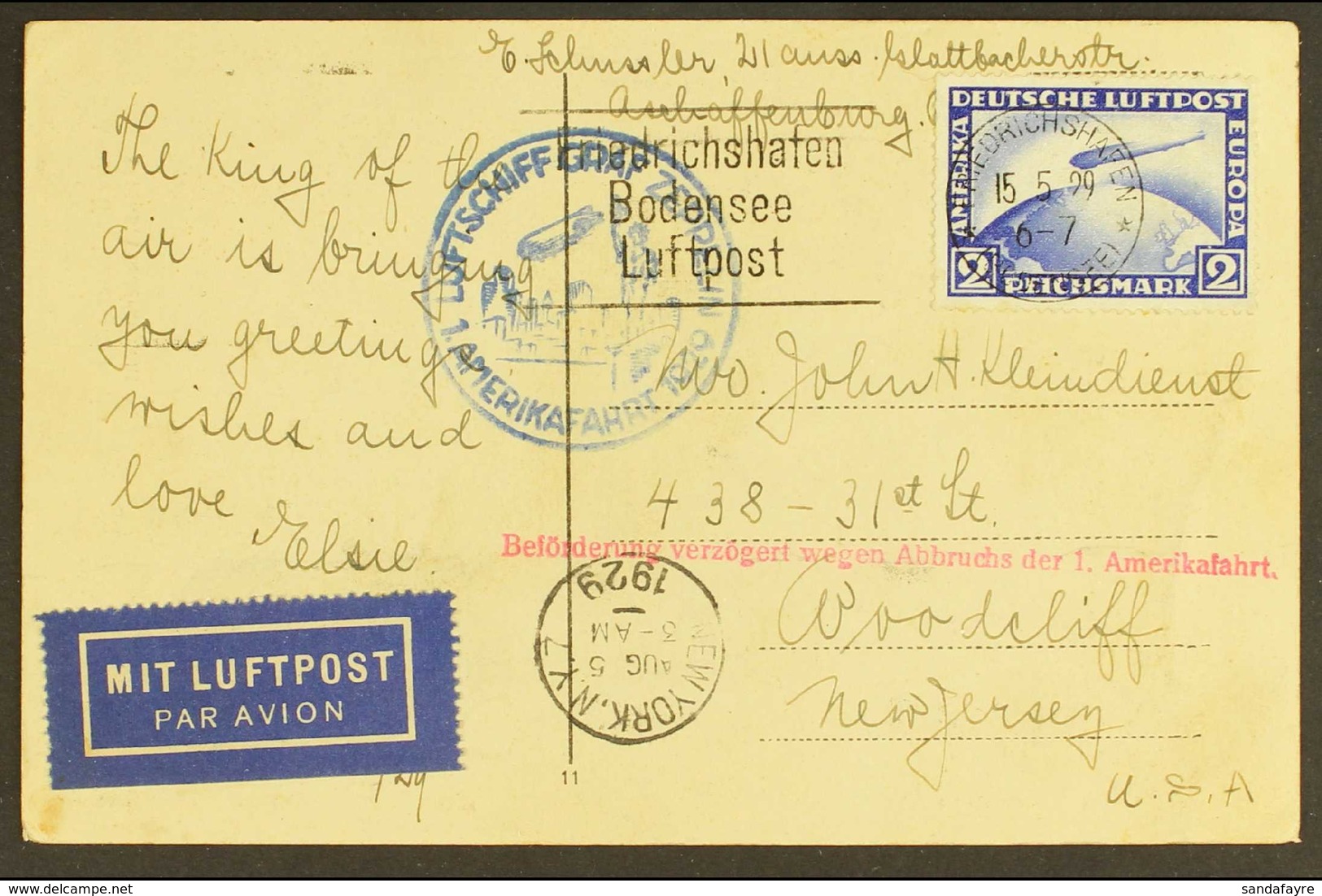 1929 ZEPPELIN (CANCELLED FLIGHT) A Monochrome Picture Postcard Bearing Germany 2m Blue "Zeppelin", Tied By Friedrichshaf - Other & Unclassified