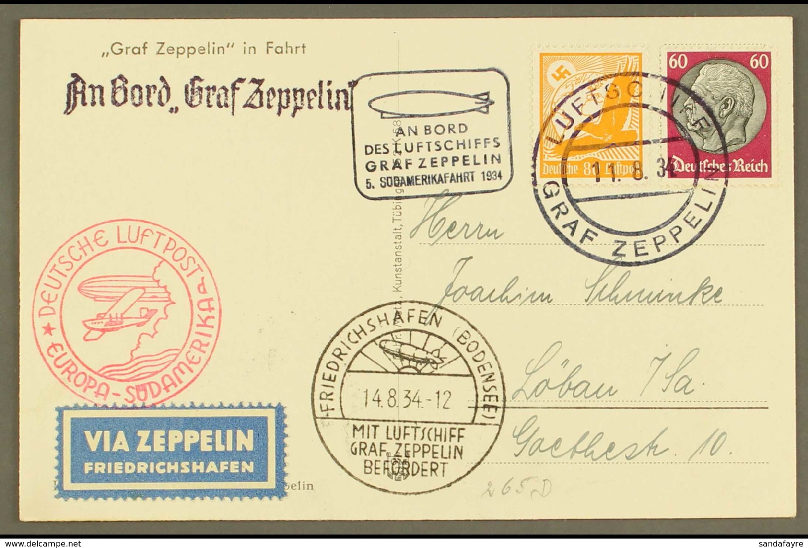 1934 5th South America Flight - Superb Zeppelin Ppc Franked 60pf Hindenburg And 80pf Air Tied By Graf Zeppelin 11.8.34 C - Other & Unclassified