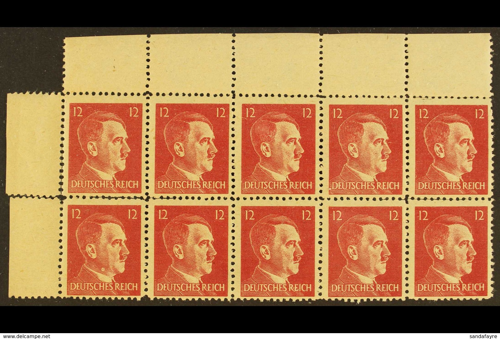 WWII US SECRET SERVICES FORGERIES 1945 12pf Carmine Hitler, Michel 16, Never Hinged Mint Top Left Corner BLOCK Of 10, Mi - Other & Unclassified