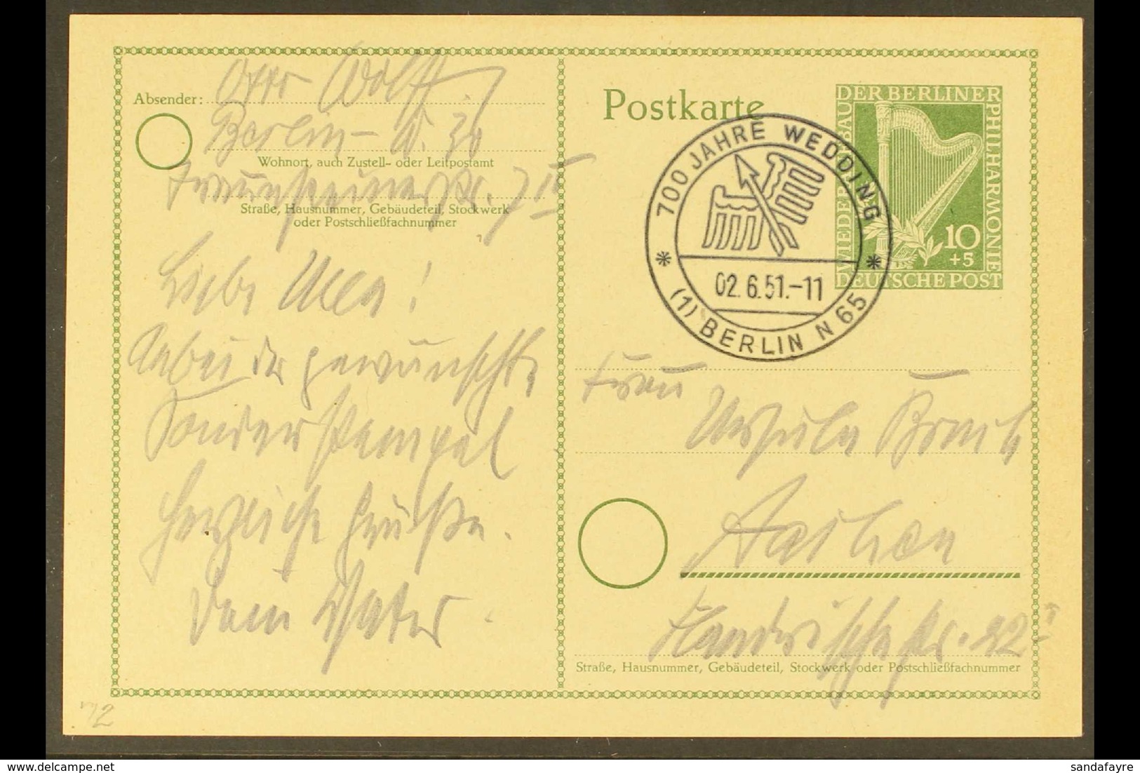 POSTAL STATIONERY 1951 10pf+5p Olive-green Philharmonic Orchestra Special Postcard, Michel P 23 I, Very Fine Used, Fresh - Andere & Zonder Classificatie