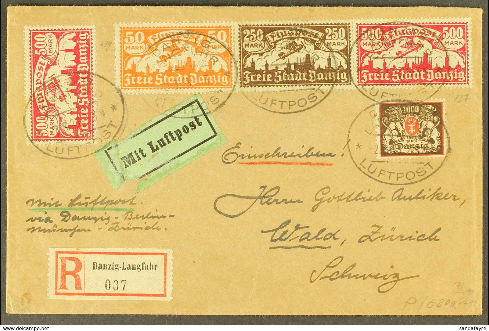 1923 AIR MAIL COVER TO SWITZERLAND 1923 (2 Aug) Registered Air Cover To Zurich Bearing 1923 50m, 250m, And 500m X2 Airs  - Otros & Sin Clasificación