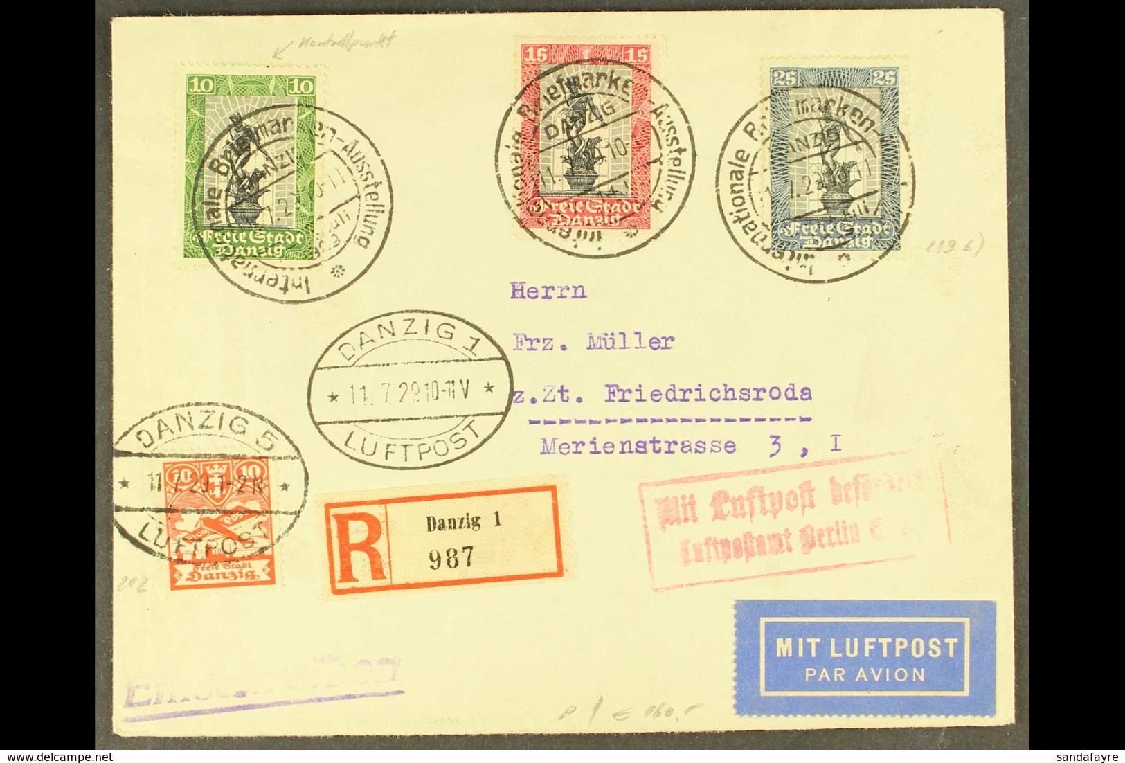 1929 COVER TO BERLIN 1929 (11 Jul) Registered Air Cover Bearing 1929 Philatelic Exhib Complete Set (Michel 217/219) Tied - Sonstige & Ohne Zuordnung