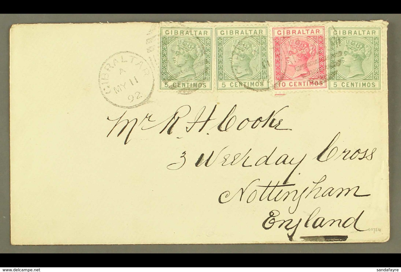 1892 (11 May) Lovely Cover Addressed To England, Bearing 1889-96 5c Green (x3) & 10c Carmine, SG 22/23, Tied By "Gibralt - Gibilterra