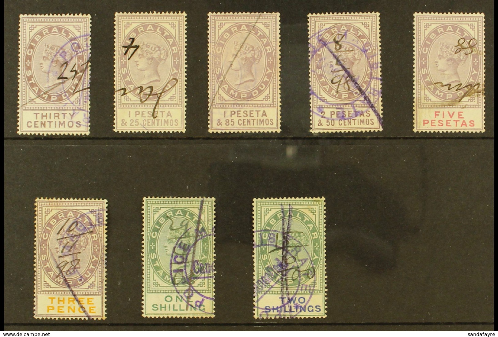 REVENUE STAMPS STAMP DUTY 1894 30c, 1p25, 1p85, 2p50 And 5p (Barefoot 1/2 & 4/6); Plus 1898 3d, 1s And 2s (Barefoot 10/1 - Gibilterra