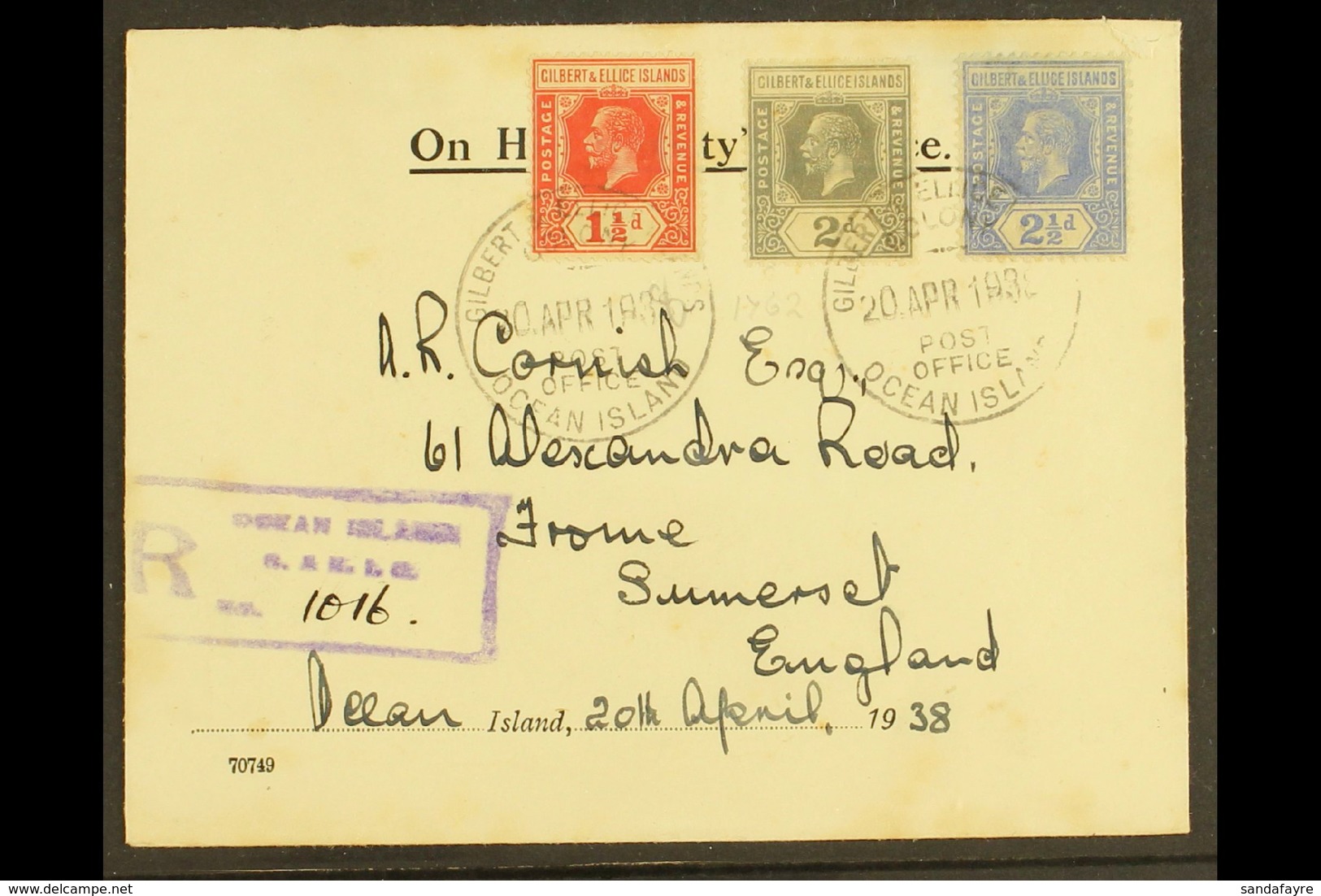 OCEAN ISLAND 1938 (20th April) KGV Late Use Registered OHMS Cover To Somerset, England Bearing 1912-24 Die I 2d Greyish  - Gilbert- En Ellice-eilanden (...-1979)