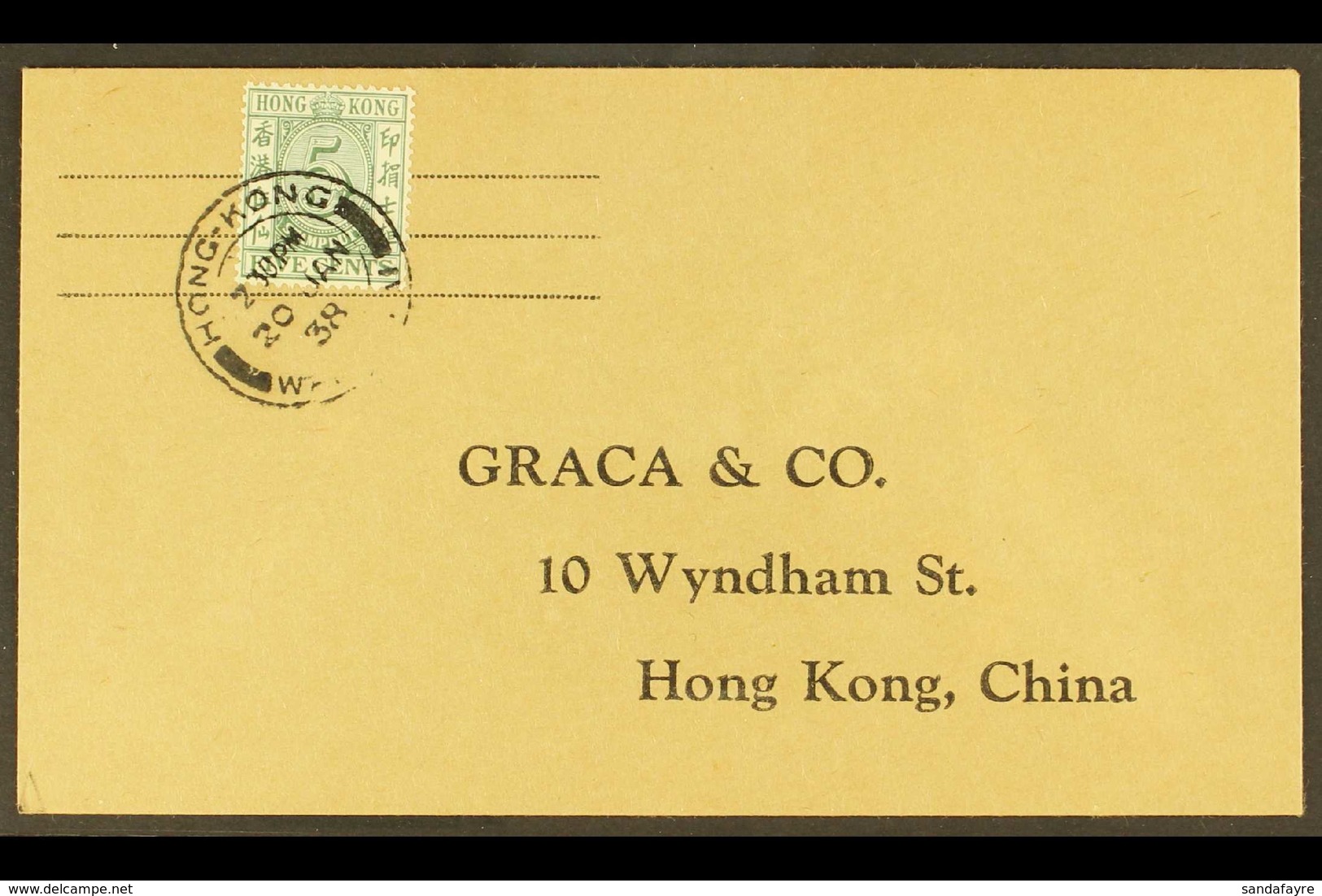 POSTAL FISCAL COVER. 1938 (20 Jan) Cover Addressed Locally, Bearing POSTAL FISCAL 1938 5c Green (SG F12) Tied By "Hong K - Altri & Non Classificati