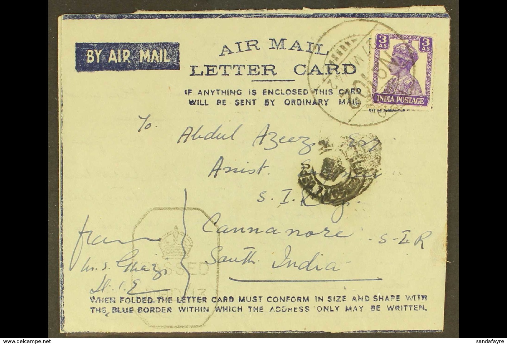 USED IN IRAQ 1942 (27 May) Air Letter With India 3a Stamp Tied FPO No. 102 Of 27th May 1942 (Mosul) Cds Pmk, Variously C - Sonstige & Ohne Zuordnung