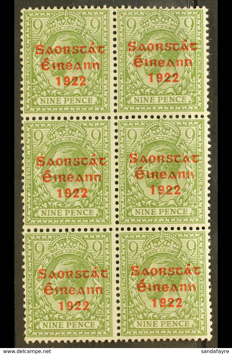 1922-23 SAORSTAT 9d Olive Green, Block Of Six, One Showing NO ACCENT, SG 61a, Fine Mint, The Variety Never Hinged.  For  - Otros & Sin Clasificación