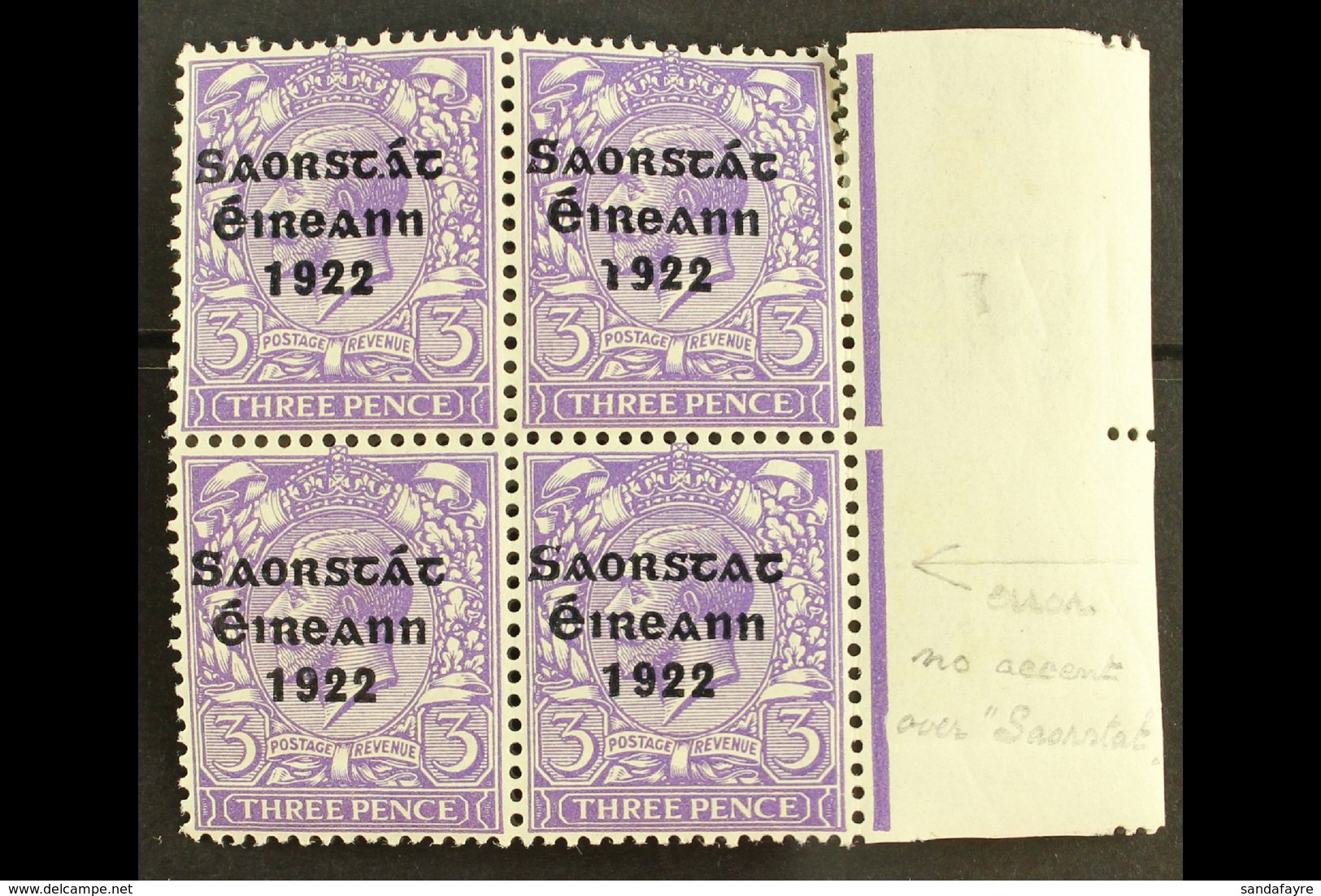 1922-23 SAORSTAT 3d Bluish Violet, Right Marginal Block Of Four, Showing NO ACCENT, SG 57a, Fresh Mint, Light Crease. Fo - Andere & Zonder Classificatie