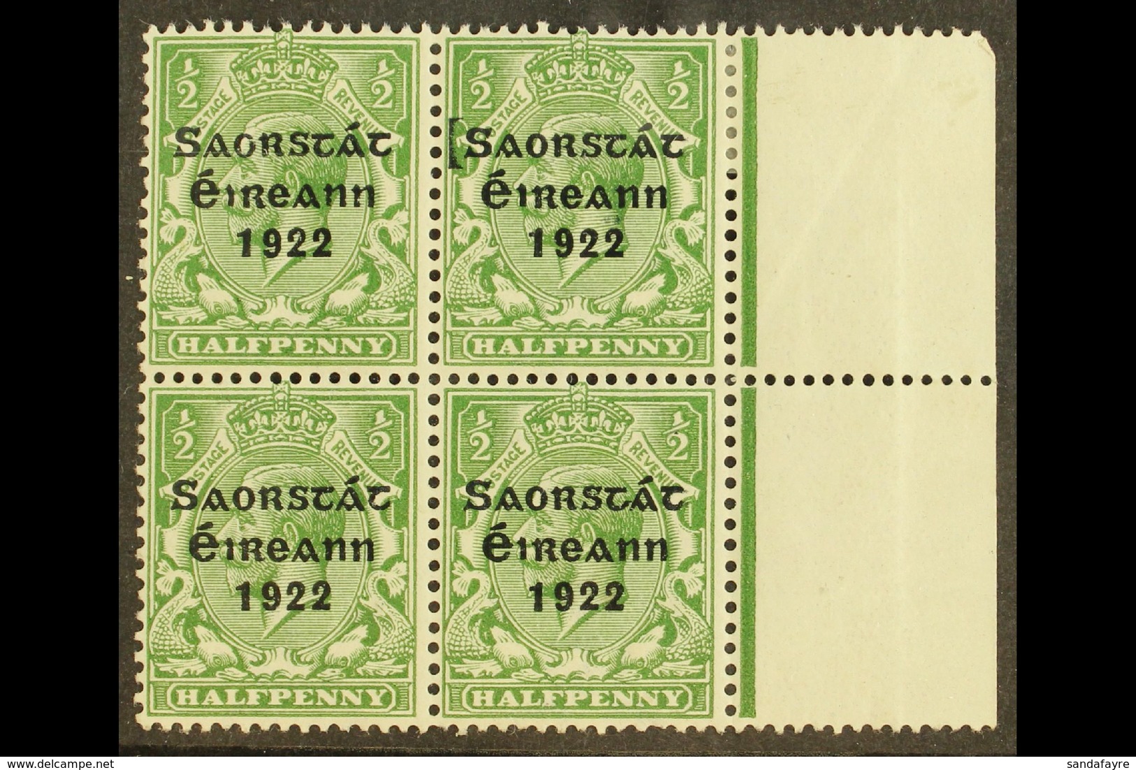 1922-23 SAORSTAT ½d Green, Right Marginal Block Of Four, One Showing Guide Block At Left, Fine Mint, The Variety Never H - Sonstige & Ohne Zuordnung