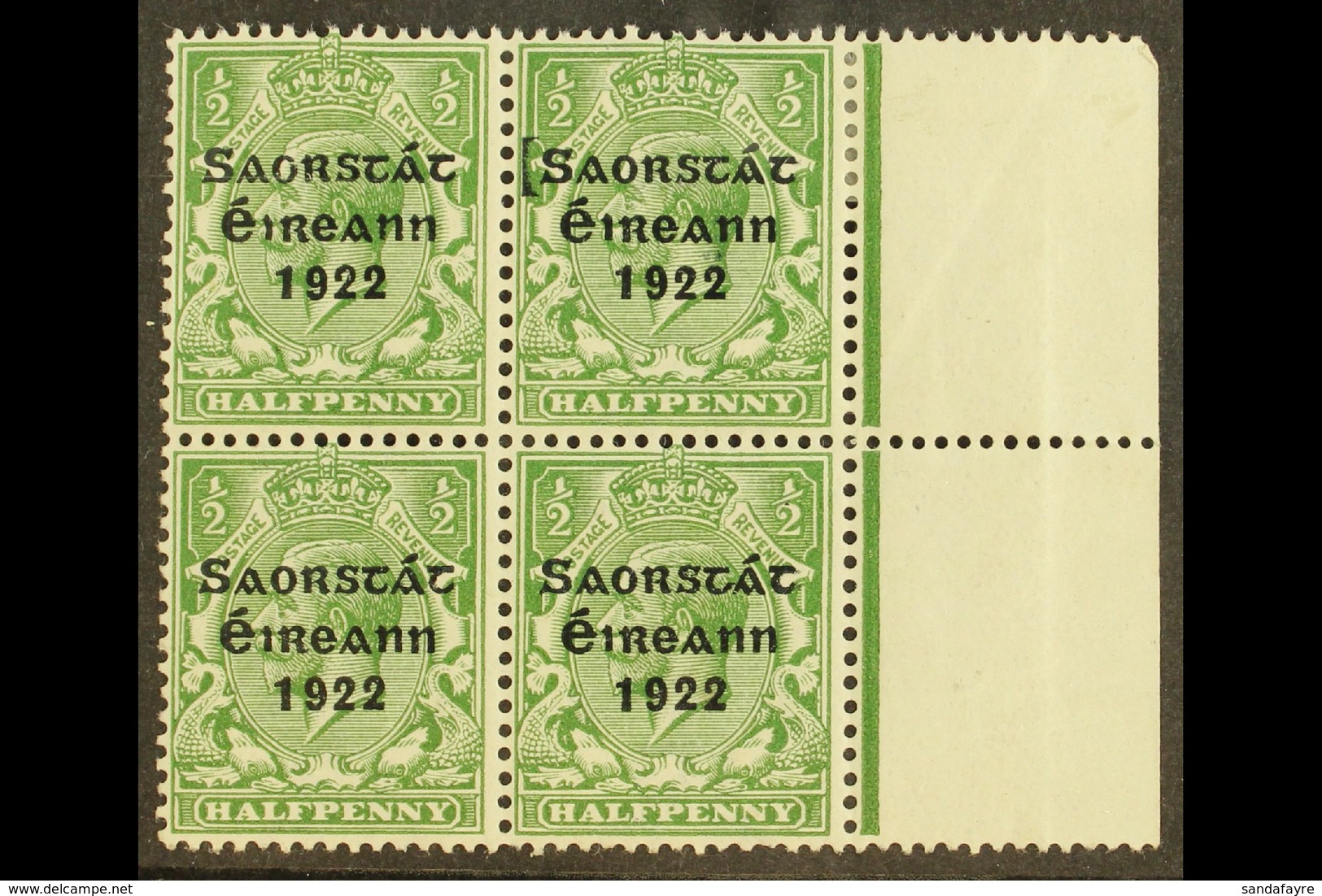 1922-23 SAORSTAT ½d Green, Right Marginal Block Of Four, One Showing Guide Block At Left, Fine Mint, The Variety Never H - Otros & Sin Clasificación