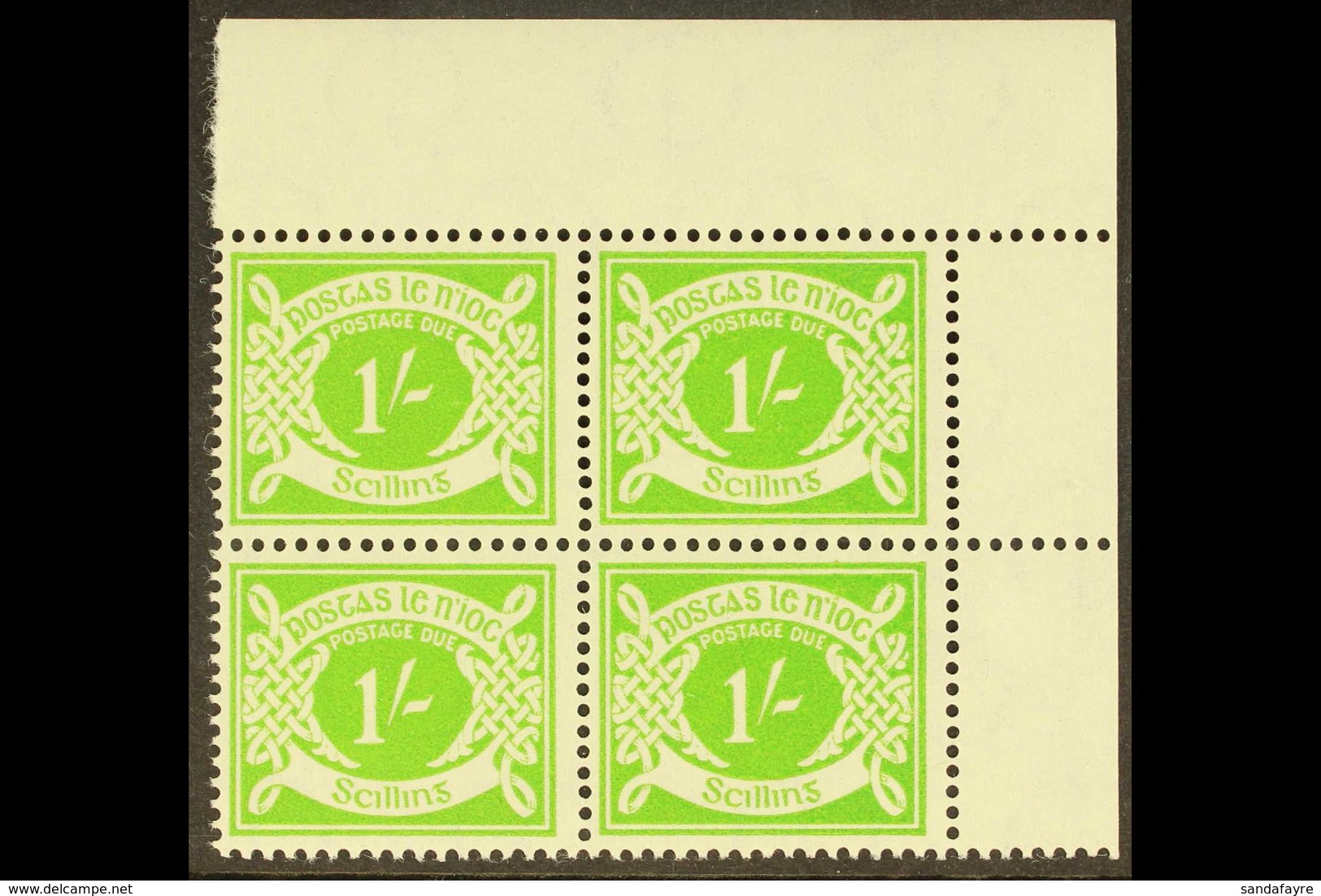 POSTAGE DUE 1940-70 1s Apple-green With WATERMARK SIDEWAYS Variety, SG 14a, A Superb Never Hinged Mint Top Right Corner  - Andere & Zonder Classificatie