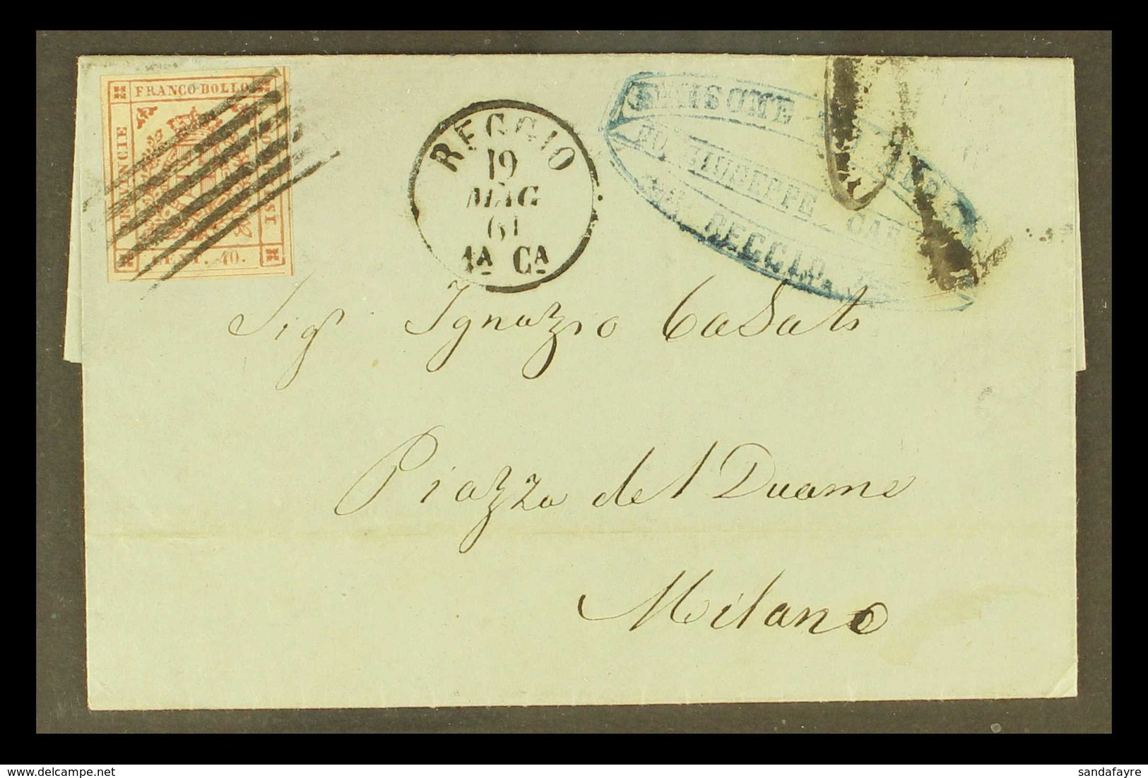 MODENA 1859 40c Brownish Carmine, Sass 17c, Superb Used On 1861 Entire To Milan, Tied By Neat 5 Bar Cancel With Reggio 1 - Unclassified