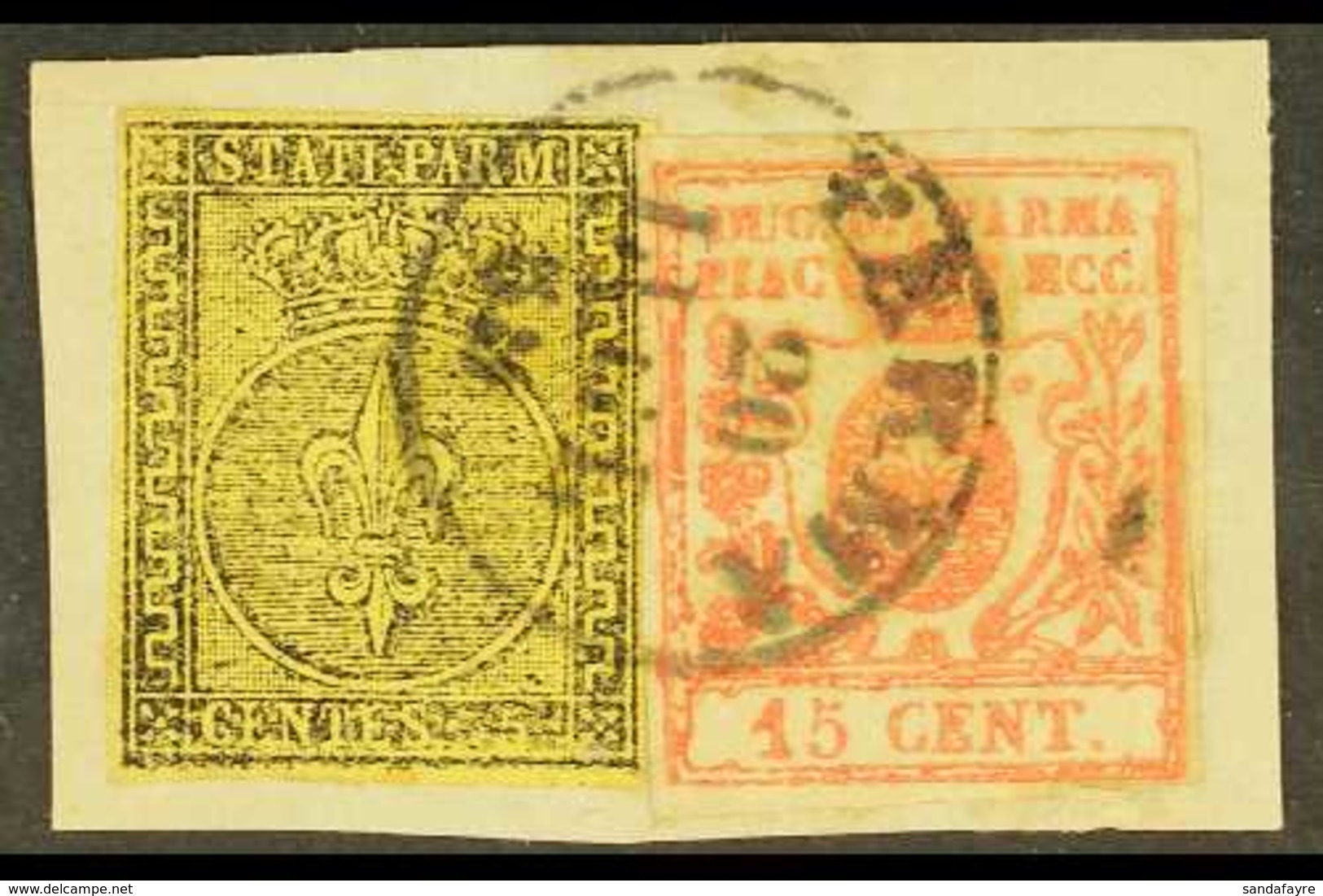 PARMA 1852 5c Black On Orange Yellow And 1857 15c Vermilion, Sass 1 + 9, Fine Used On Piece With Parma 1859 Cds Cancel.  - Ohne Zuordnung