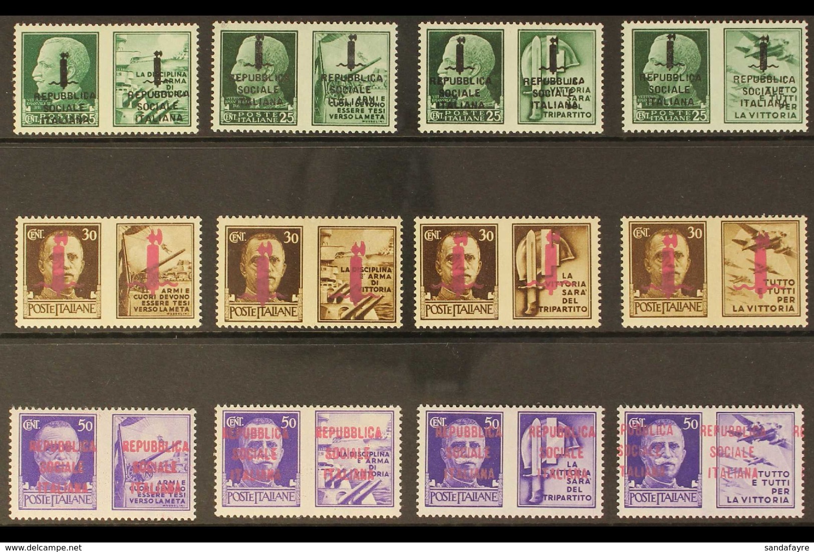 1944 R.S.I. Wartime Propaganda Complete Set With Lilac- Carmine Firenze Overprints, Sassone S.1607, Never Hinged Mint. E - Ohne Zuordnung