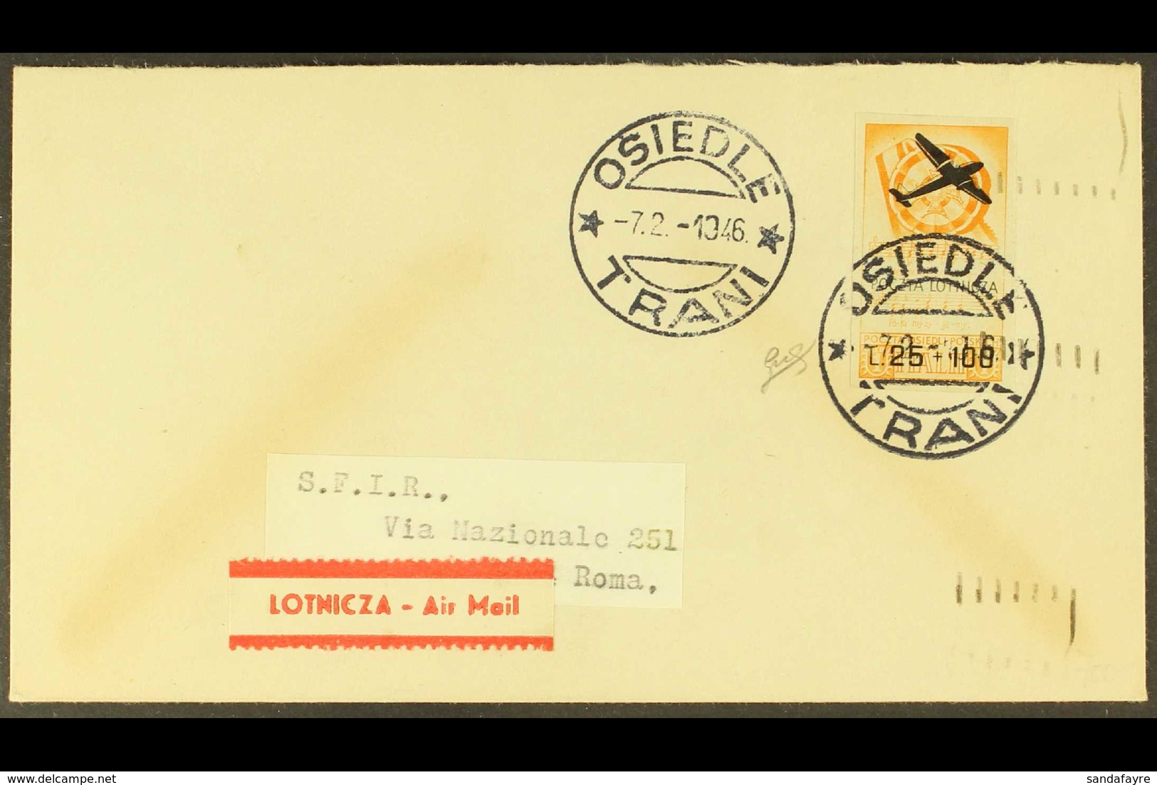 POLISH CORPS 1946 25L + 100L Yellow And Black Airmail, Variety "imperf", Sass 3A, Fine Used On Cover To Rome Tied By "Os - Zonder Classificatie