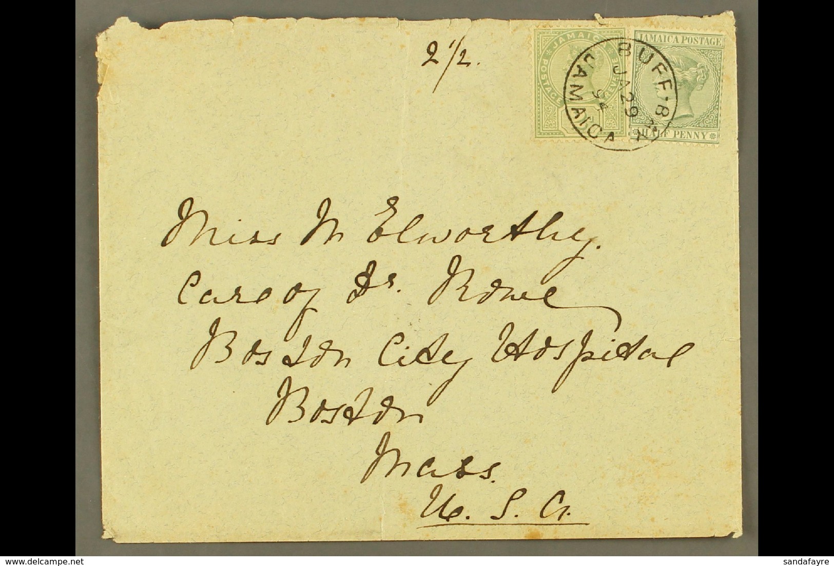 1894 (Jan 29) Envelope To USA Bearing QV ½d & 2d (SG 16a & 28) Tied By Fine Crisp BUFF BAY Cds. For More Images, Please  - Jamaica (...-1961)