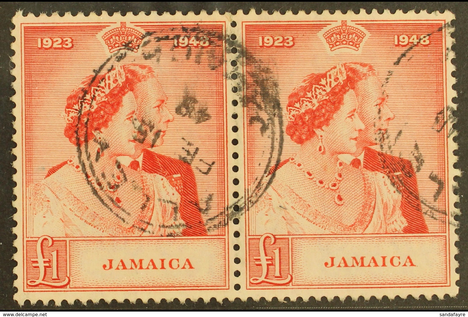 1948 £1 Scarlet "Silver Wedding", SG 144, Fine Used Pair With Complete "Alley" Dated Cds. Attractive (1 Pair) For More I - Jamaica (...-1961)