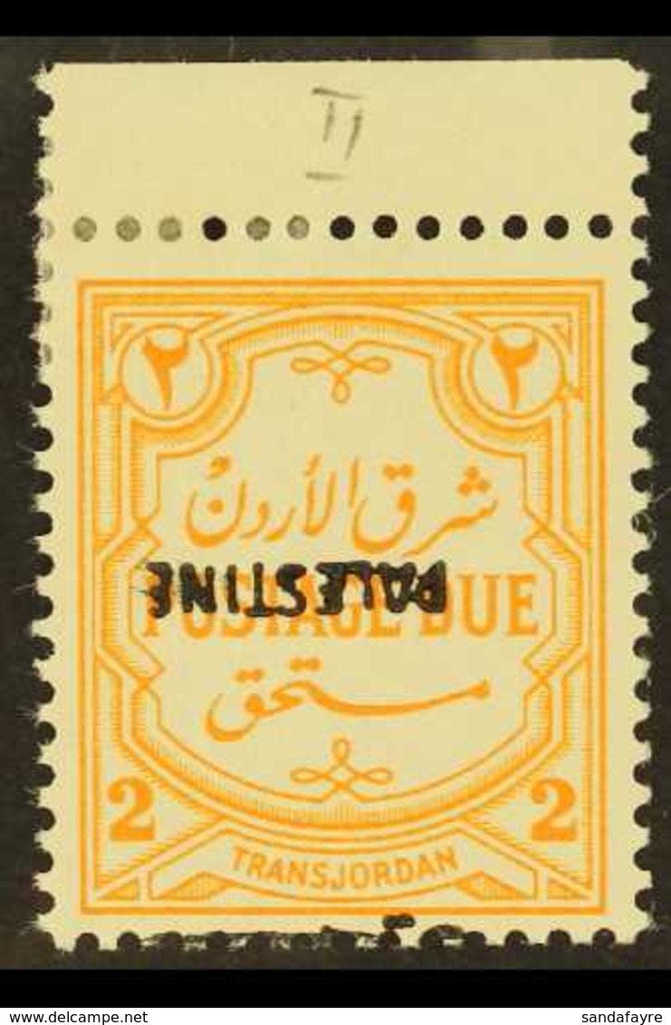 OCCUPATION OF PALESTINE POSTAGE DUE 1948 2m Orange-yellow, No Watermark, INVERTED OVERPRINT, SG PD23a, Mint, Cat.£200. F - Giordania