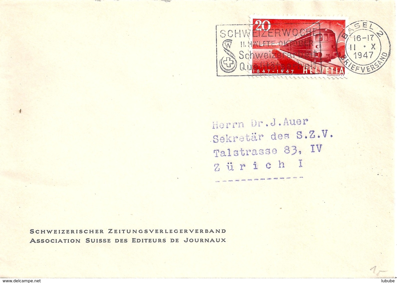 Motiv Brief  "Schweiz. Zeitungsverlegerverband, Basel"             1947 - Lettres & Documents