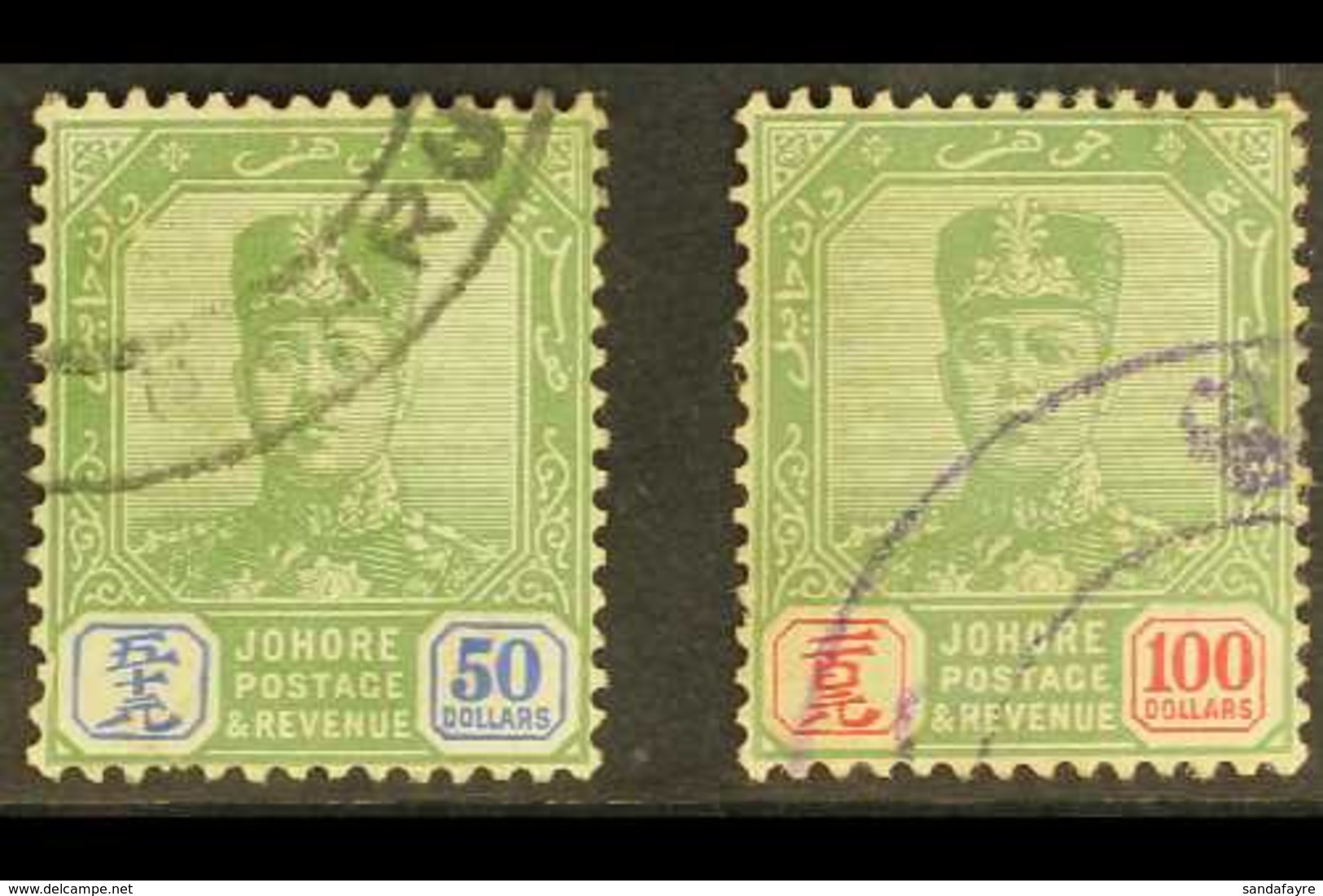 JOHORE 1822-41 $50 Green & Ultramarine And $100 Green & Scarlet, SG 126/27, Used With Fiscal Cancels, Small Faults. (2 S - Other & Unclassified