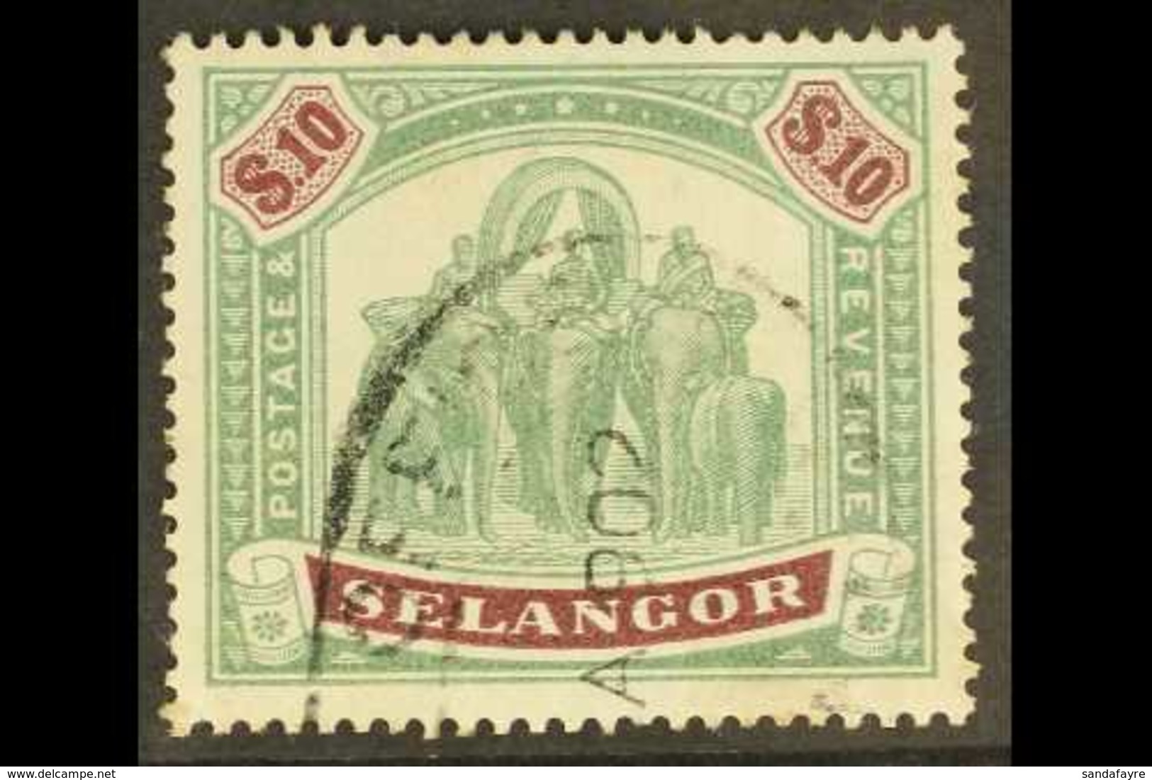 SELANGOR 1895-99 $10 Green & Purple Elephants, SG 65, Fine Used With Fiscal Cancel, Fresh Colours. For More Images, Plea - Other & Unclassified