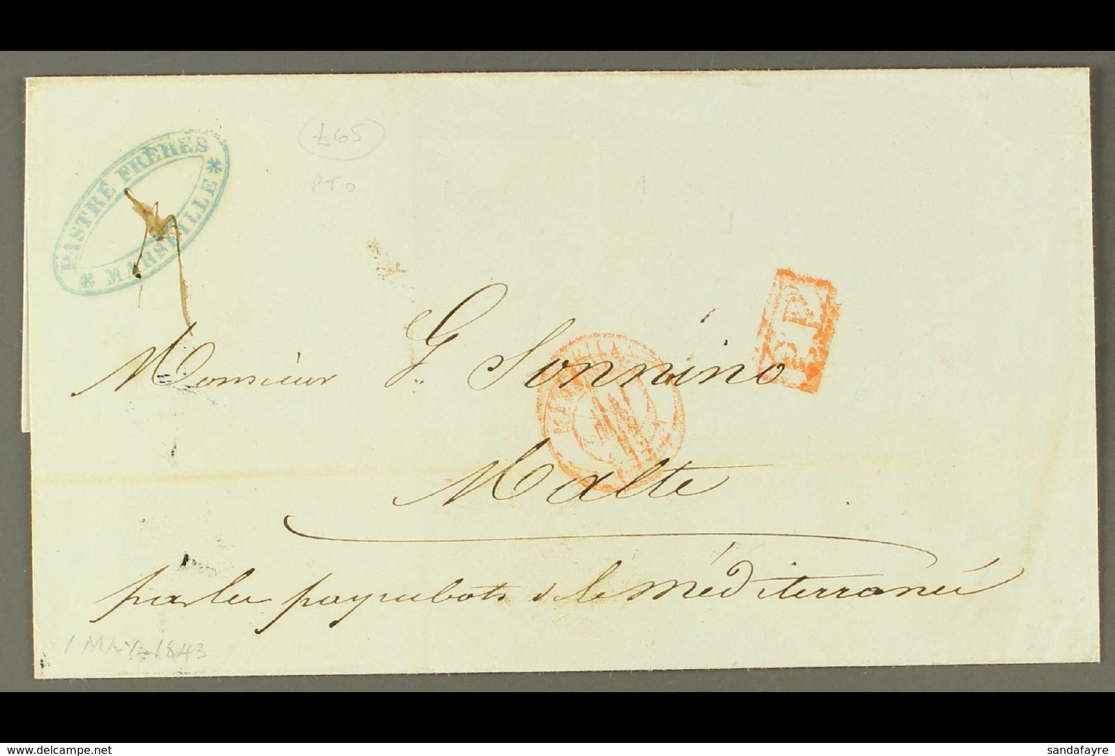 1847 Paid Wrapper From Marseilles To Malta Bearing Red Marseille Cds Plus Boxed 'P.P.'; On Reverse Straight-line "8 May  - Malta (...-1964)