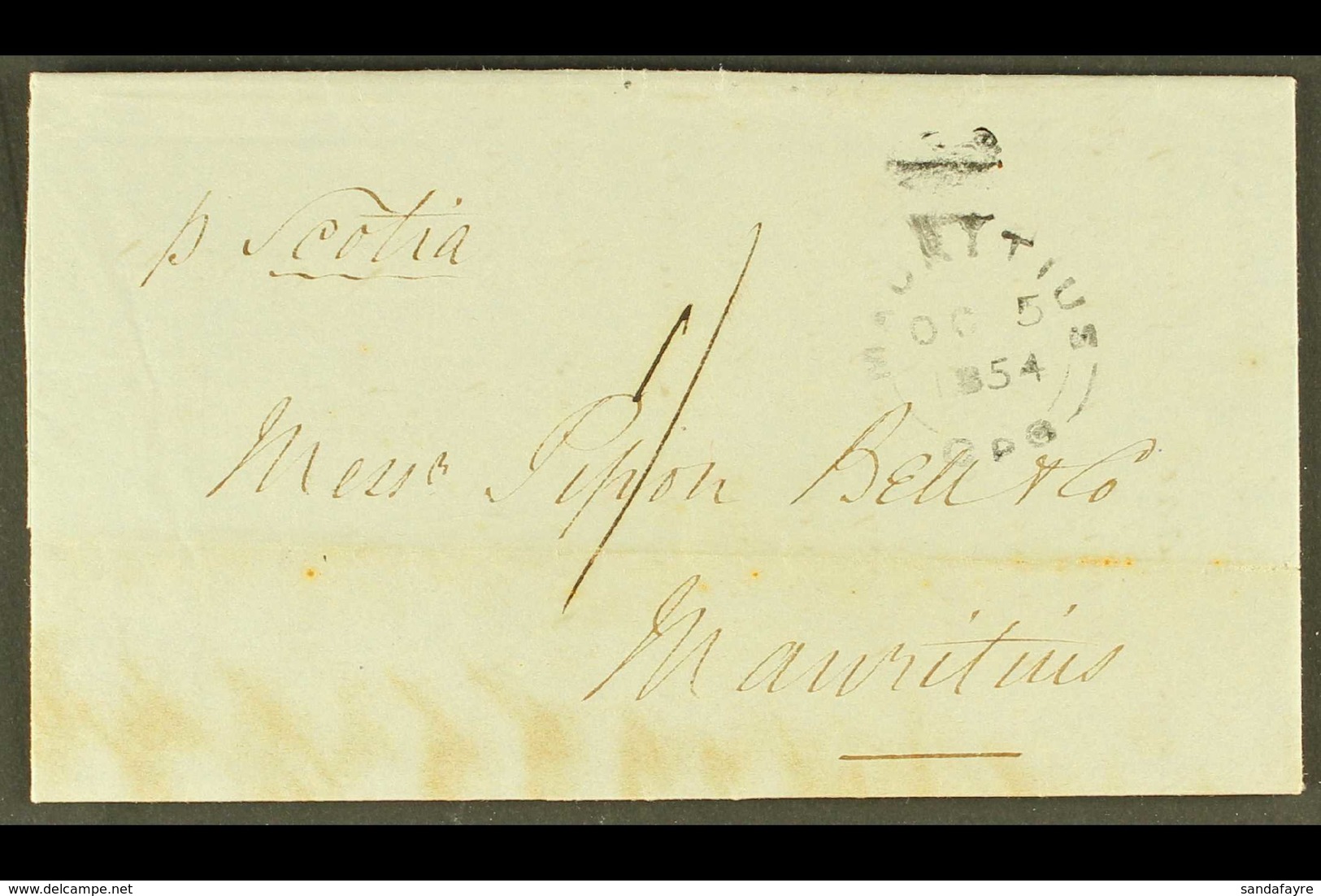 1854 "SUGAR" ENTIRE 1854 (5 OCT) Local Stampless Entire Letter With Manuscript "1/" Rate And With "MAURITIUS / OC 5 1854 - Mauricio (...-1967)