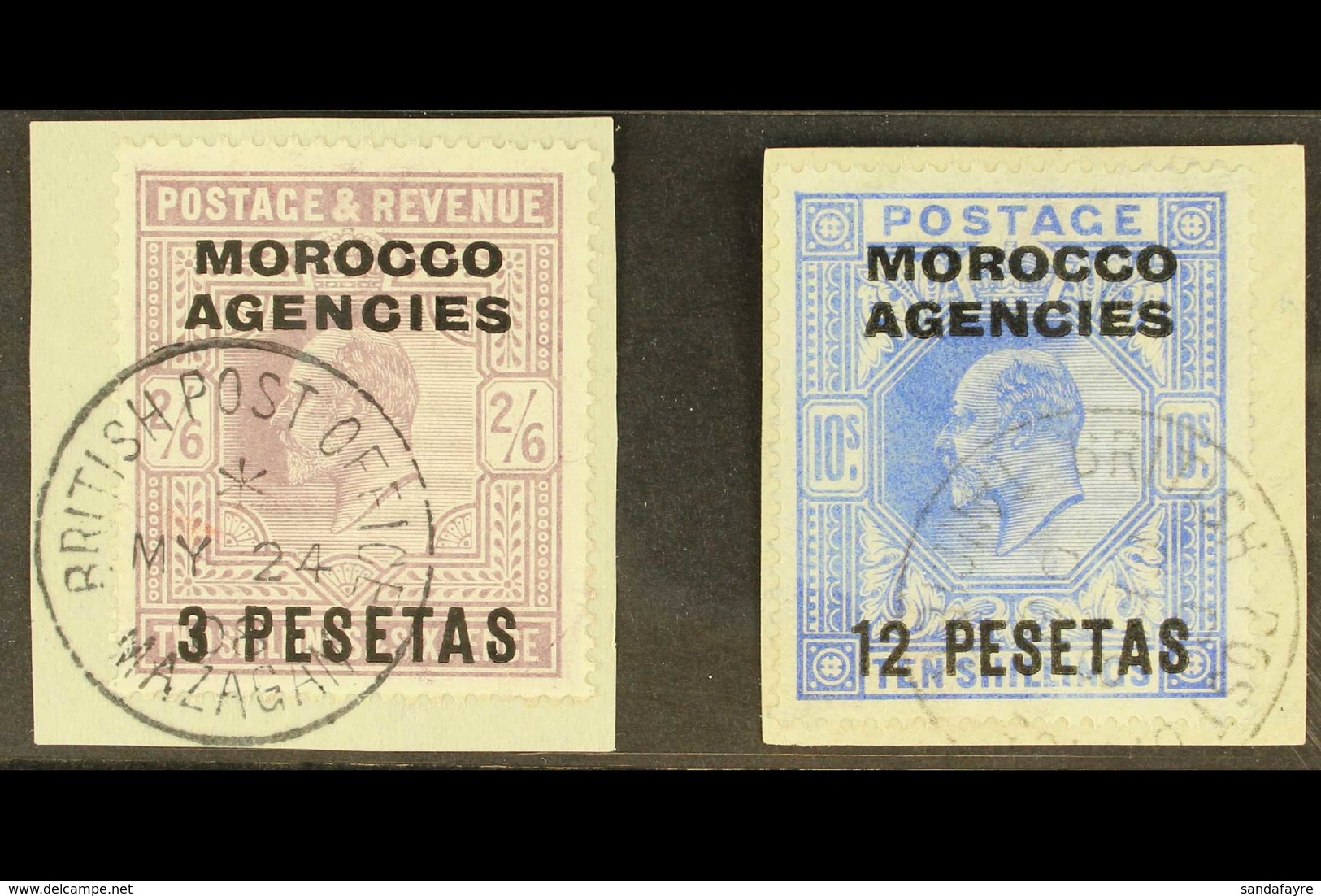 SPANISH 1907-12 3p On 2s.6d Pale Dull Purple, And 12p On 10s Ultramarine, SG 121 & 123, Each On A Piece With Mazagan Or  - Autres & Non Classés