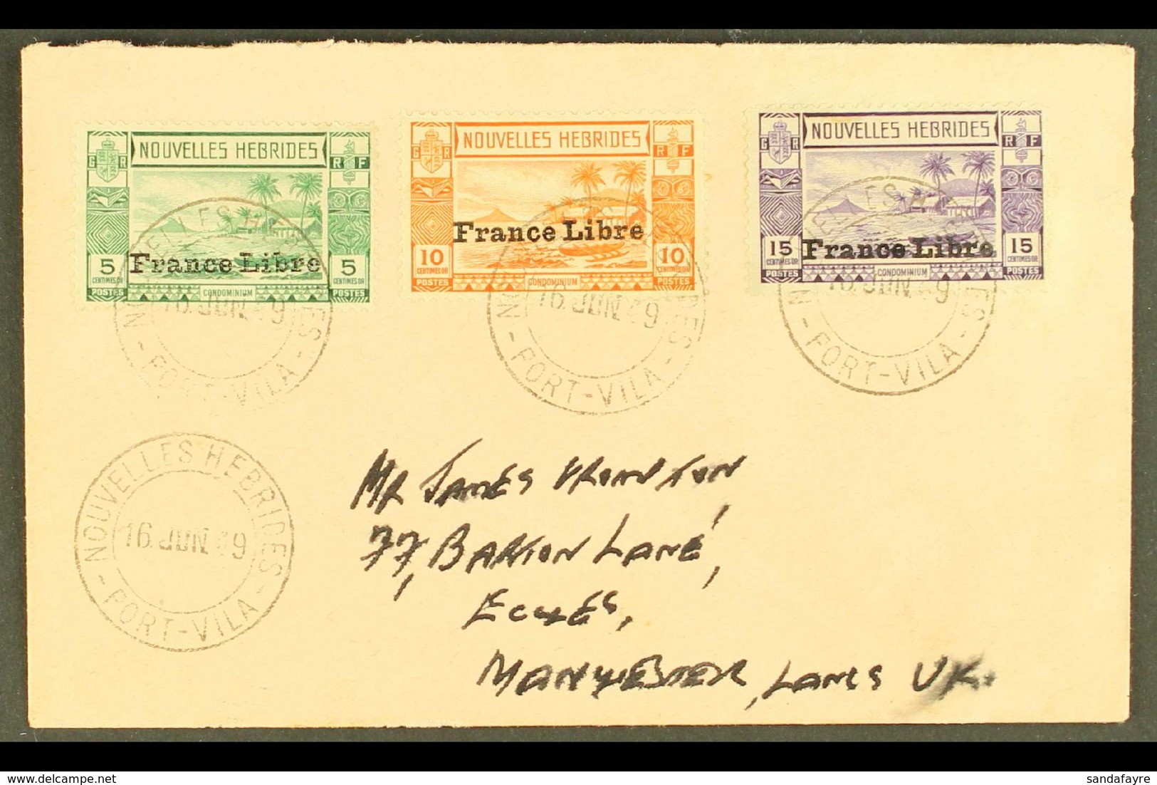 FRENCH 1941 France Libre Overprinted 5c To 15c, SG F65/67, On An Envelope Cancelled Port Vila June 1949 To England. For  - Altri & Non Classificati