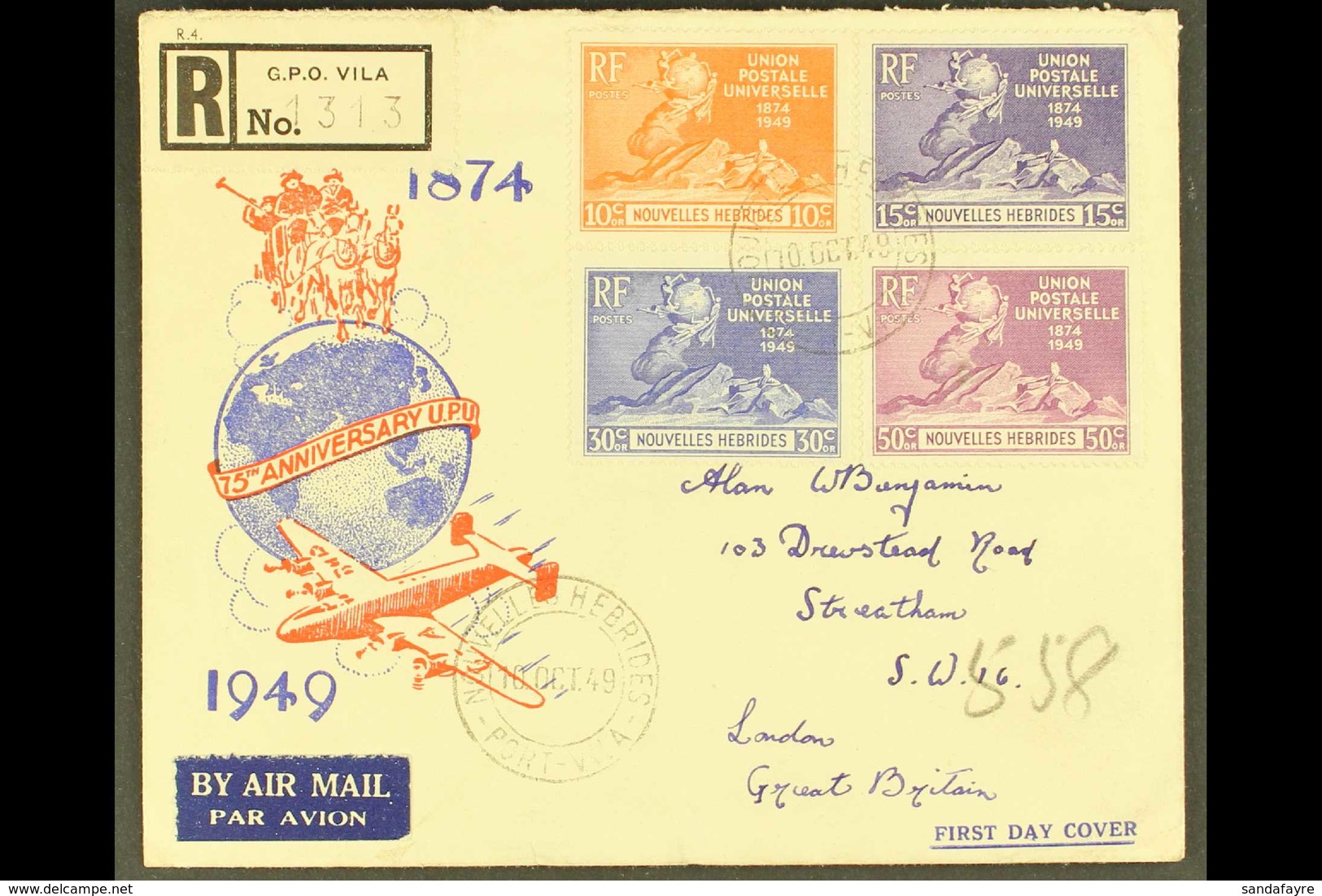 FRENCH 1949 UPU Set, SG F77/80, On Neat Illustrated First Day Cover, Registered From Vila To London. For More Images, Pl - Andere & Zonder Classificatie