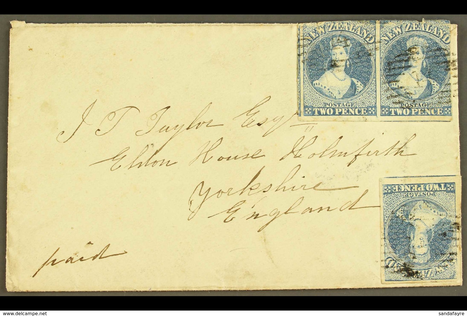 1858 (7 Jun) Env From Nelson To Huddersfield, England Bearing PAIR + Single Of The 1857-63 2d Blue Imperfs (SG 10, Singl - Otros & Sin Clasificación