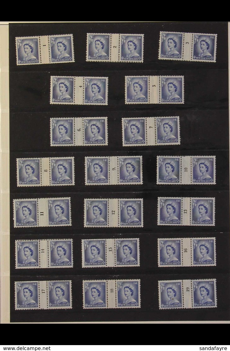 COUNTER COILS 1956 (Aug) 4d Ultramarine (Campbell Paterson NC3 D) - Complete Set Of Horizontal Gutter Pairs With Coil Nu - Other & Unclassified