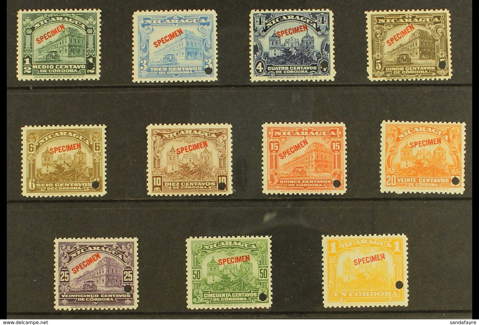 1929-31 Complete Set (Sc 513/23, SG 617/27) Overprinted "SPECIMEN" And With Security Punch Hole, Never Hinged Mint. (11  - Nicaragua