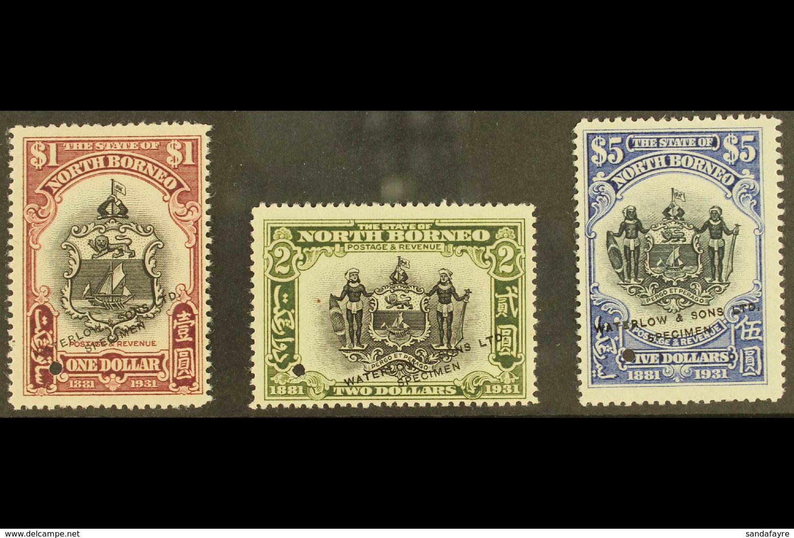 1931 $1, $2 & $5 BNBC Coat Of Arms Stamps In SAMPLE TRIAL COLOURS With Centers In Black And Frames In Unissued Purple, O - North Borneo (...-1963)
