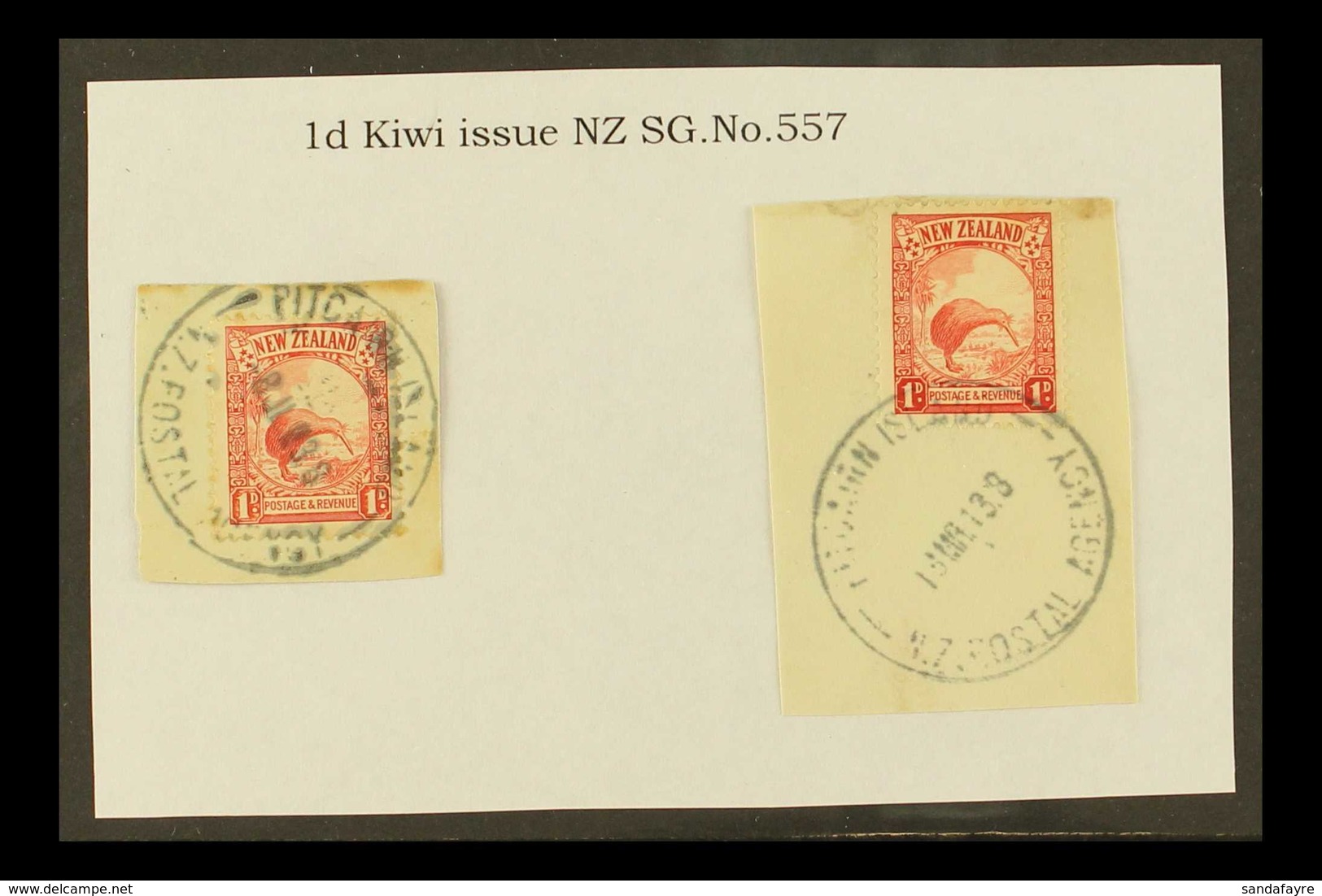 1935 1d Scarlet Kiwi Of New Zealand, Two Stamps On Pieces And Tied By Full Or Near Full "PITCAIRN ISLAND" Cds Cancels, S - Pitcairneilanden