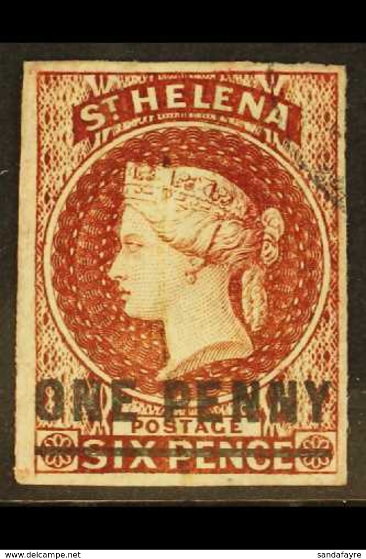 1863 1d Lake Surcharge On 6d (Type B), Watermark Crown CC, Imperf, SG 4, Fine Used With Four Good To Large Margins. For  - St. Helena