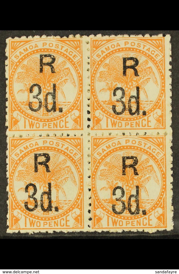 1895 3d On 2d Dull Orange, Perf 12x11½, SG 74, Mint BLOCK OF 4, Some Heavy Hinging / Re-enforcement. Scarce Multiple. Fo - Samoa (Staat)