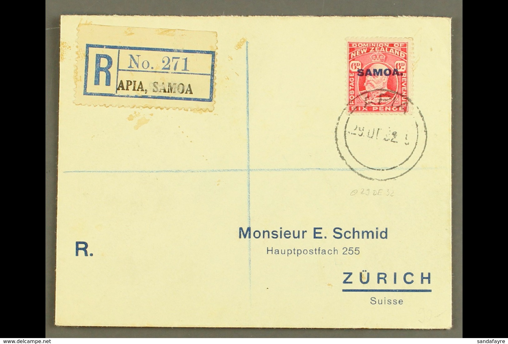 1932 6d Carmine, SG 119, Single Franking On Neat Printed, Registered Envelope To Switzerland, Tied By Apia 29.12.32 Post - Samoa