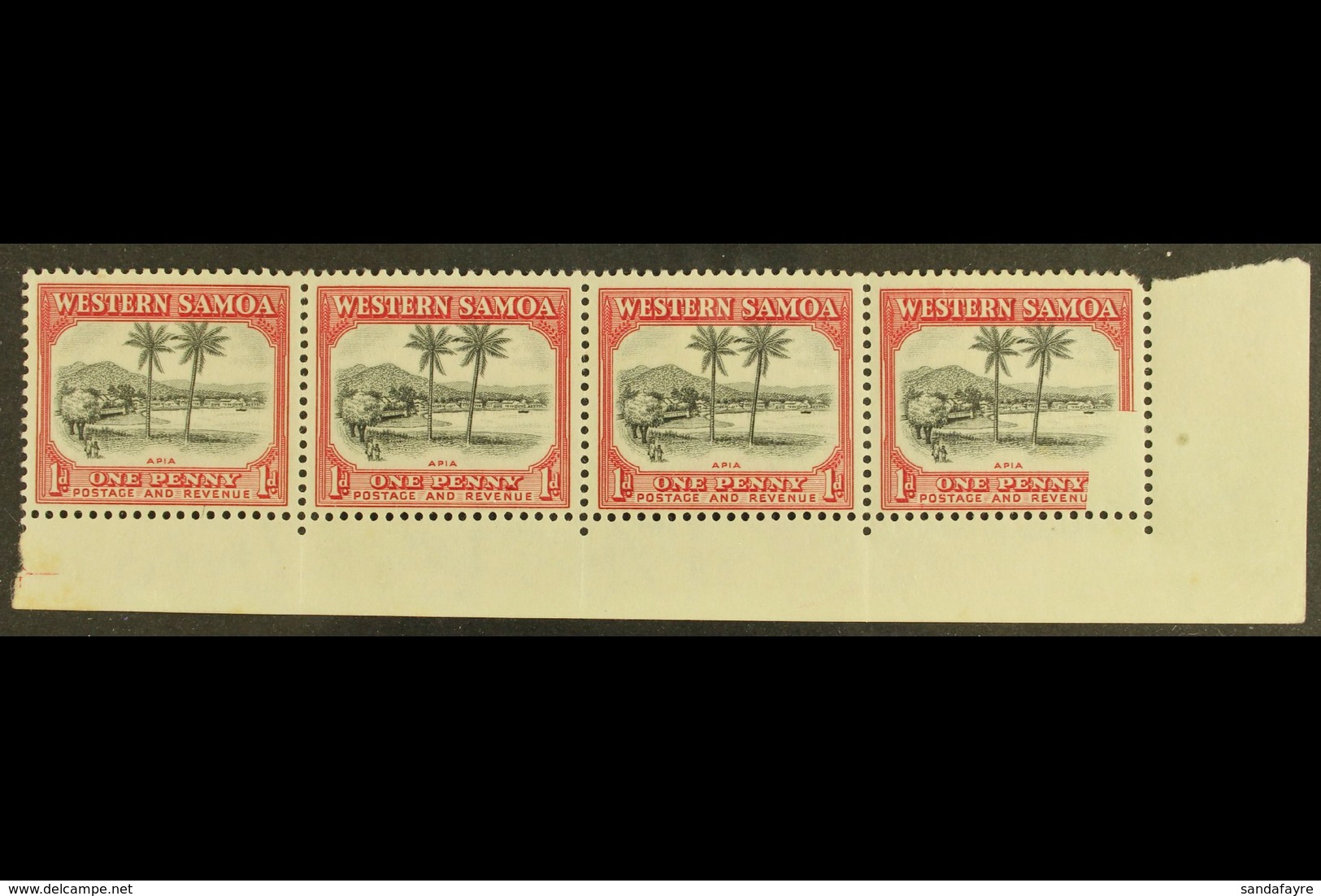 1935 Definitive 1d Black And Carmine, SG 181, Fine Mint Corner Marginal Strip Of Four, The Corner Stamp (never Hinged, S - Samoa