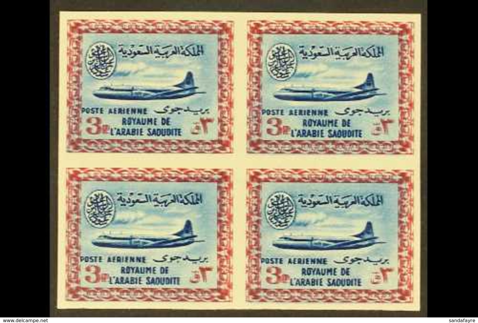 1961 3p Blue And Pale Claret Air, Vickers Viscount, Imperf Block Of 4, Variety "frame Printed Double", As SG 430var (unl - Saudi-Arabien