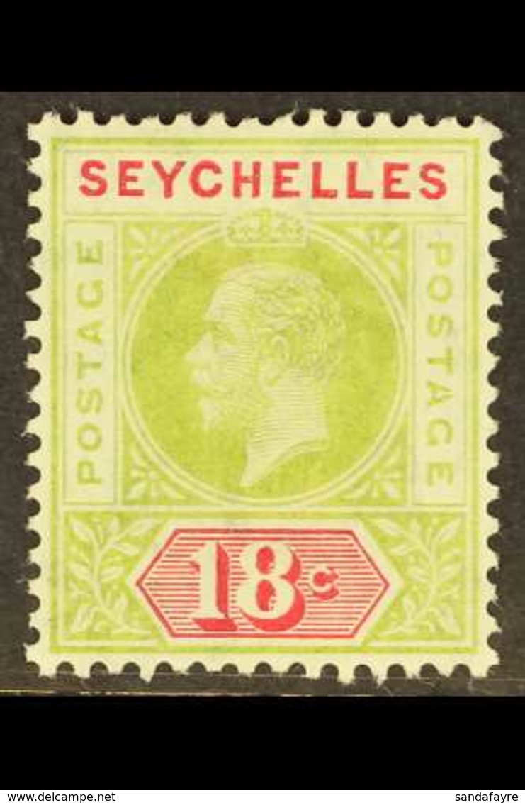 1912 18c Sage-green And Carmine, Variety SPLIT "A", SG 76a, Very Fine Mint. For More Images, Please Visit Http://www.san - Seychelles (...-1976)