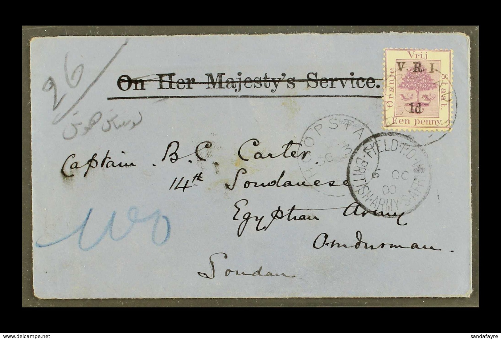 ORANGE FREE STATE 1900 COVER, Franked 1d On 1d "V.R.I." Ovpt, Pmkd HOOPSTAD 3.10.1900, Addressed To A "Captain B.C. Cart - Ohne Zuordnung