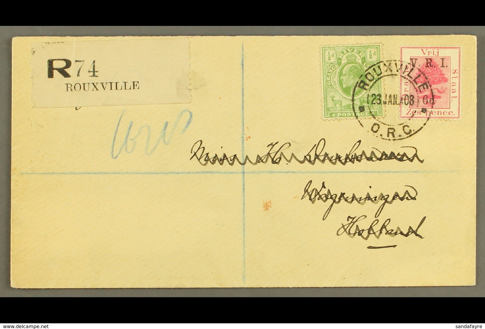 ORANGE RIVER COLONY 1908 Registered Cover From Rouxville To Holland (address Overwritten) Franked Ed VII ½d Green And Sc - Zonder Classificatie