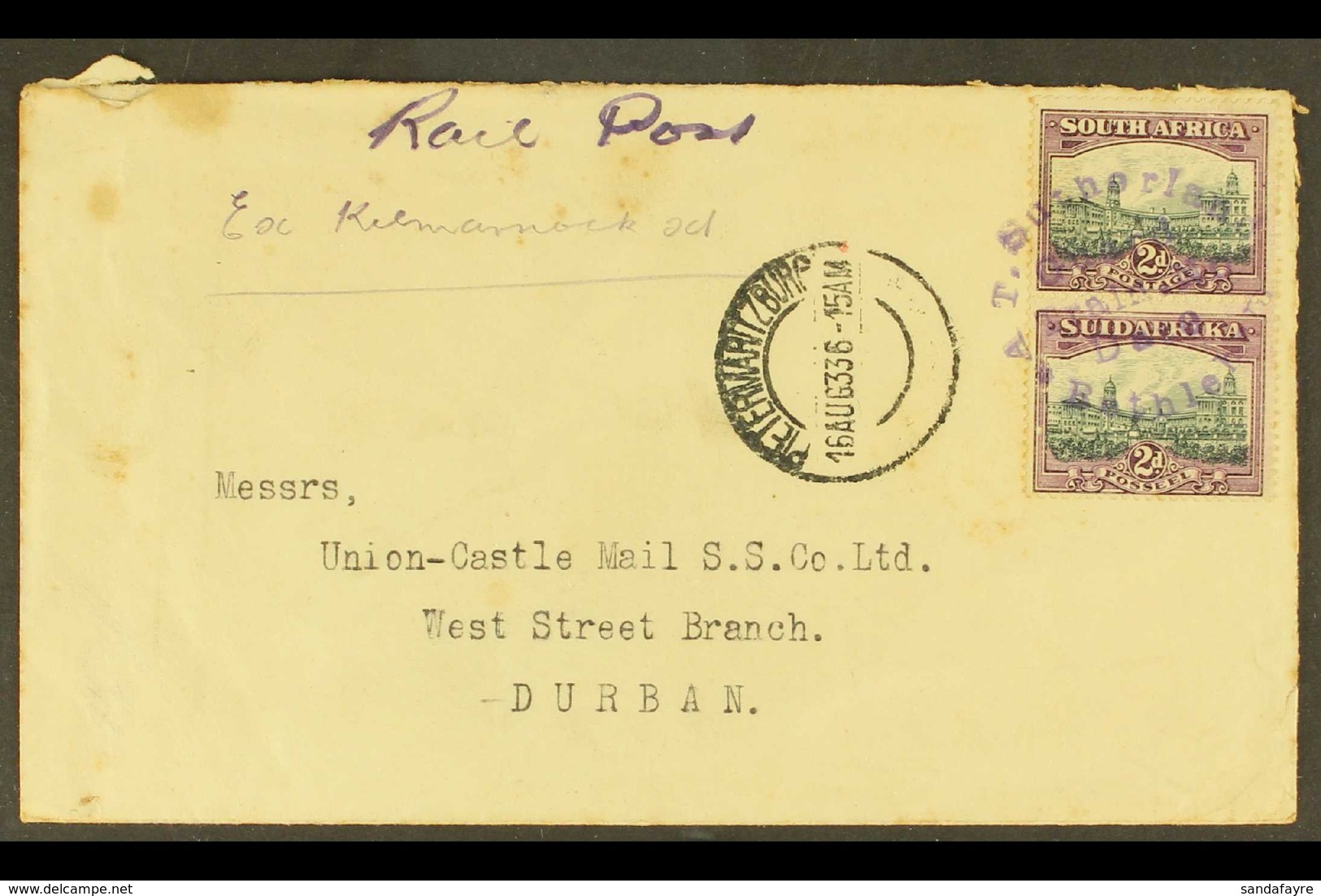 1933 "RAIL POST" COVER 1933 (16 Aug) Cover To Durban, Endorsed "Rail Post", Bearing 2d Vertical Pair Tied By "A.T.Suther - Zonder Classificatie