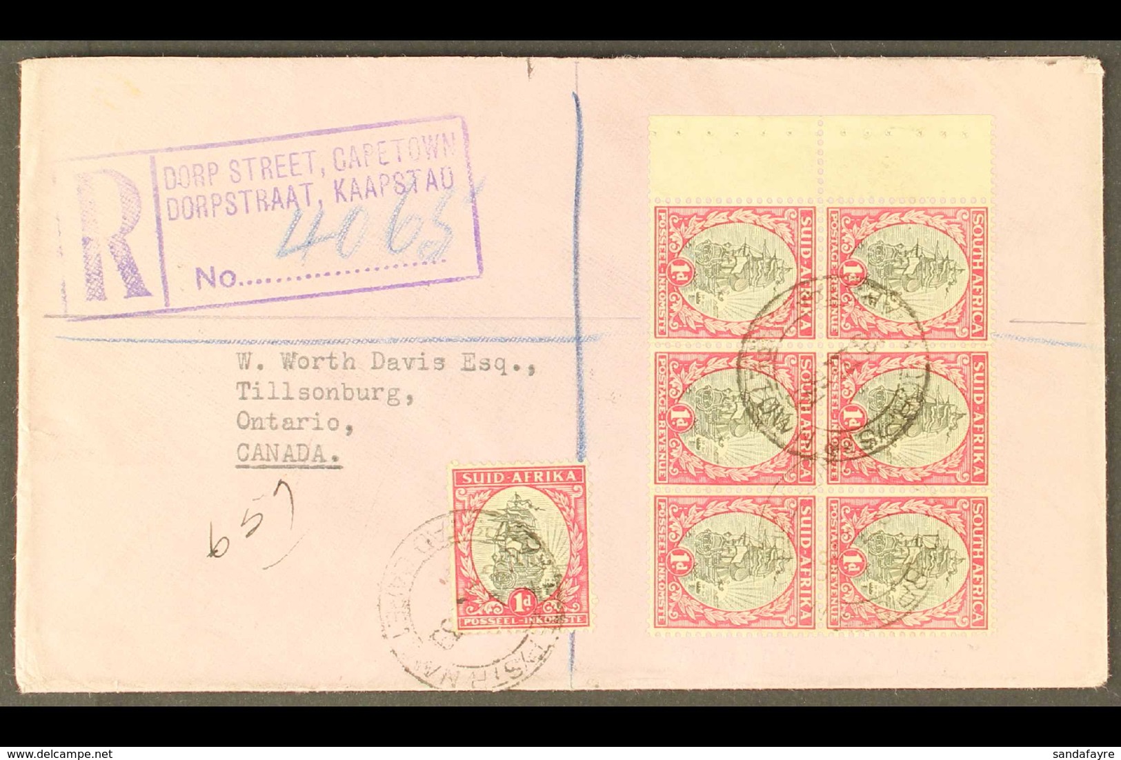 1939 Reg'd Cover To Canada, Franked With 1d BOOKLET PANE Of 6 Plus 1d Single, SG 56, Ex Booklet SG SB13 Or SB14, Neat, M - Sin Clasificación