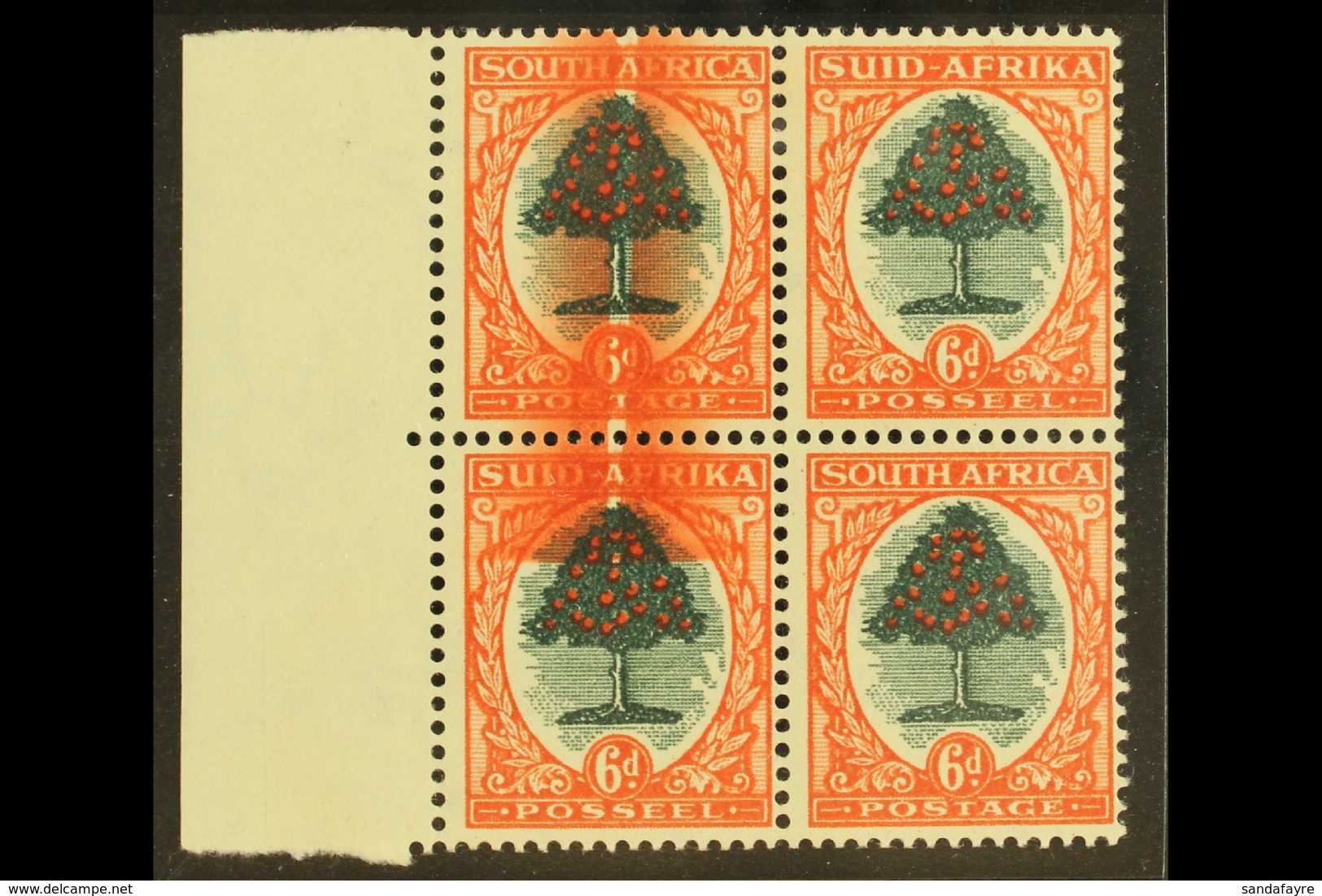 UNION VARIETY 1947-54 6d Green & Brown-orange, LARGE SCREEN FLAW In Left Marginal Block Of 4, Affects Two Stamps, SG 119 - Non Classificati